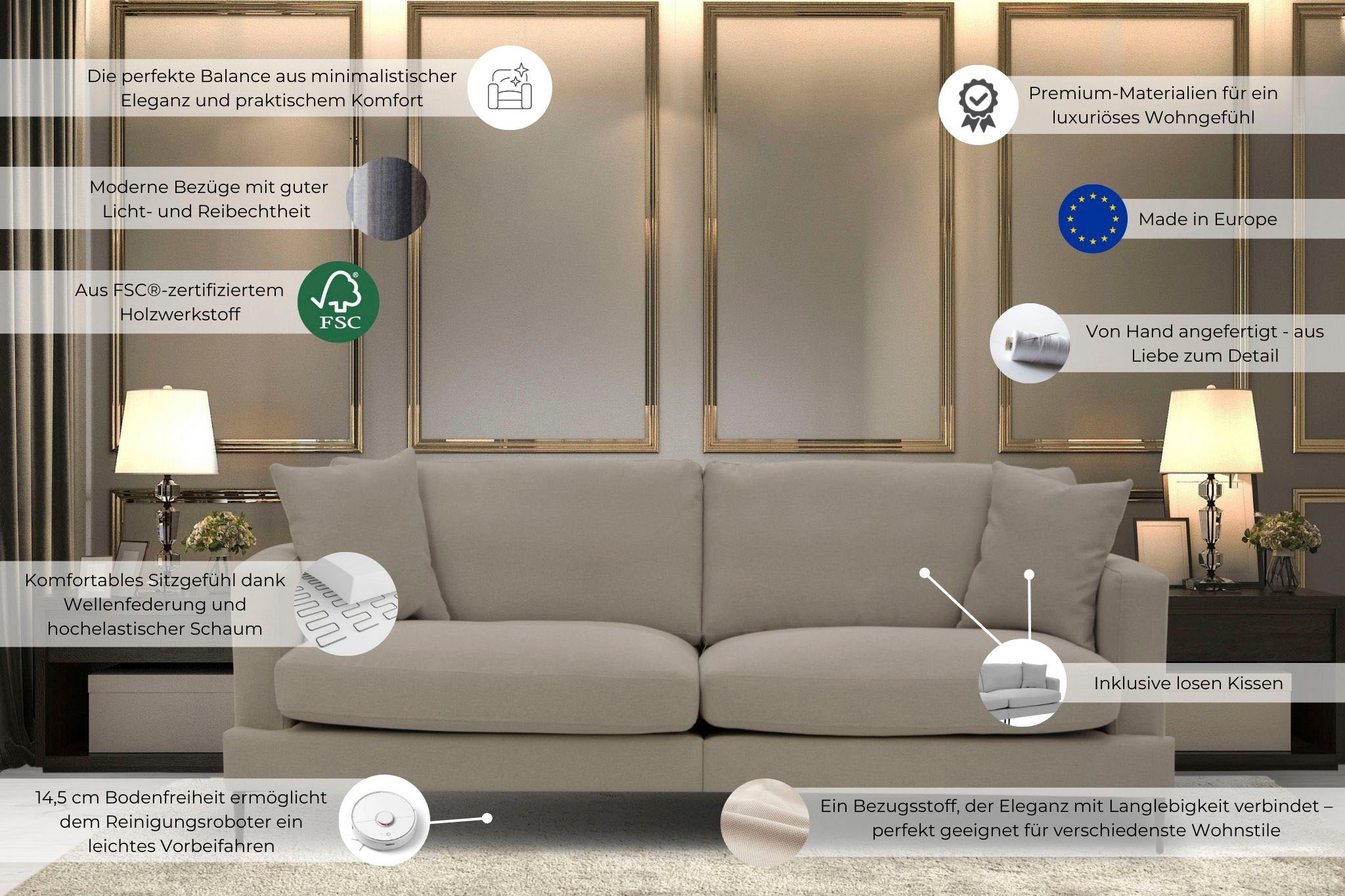 Leonique 3-Sitzer »Cozy elegantes Designsofa, Maße B/T/H: 211/97/80 cm«, mit losen Kissen und Metallbeinen