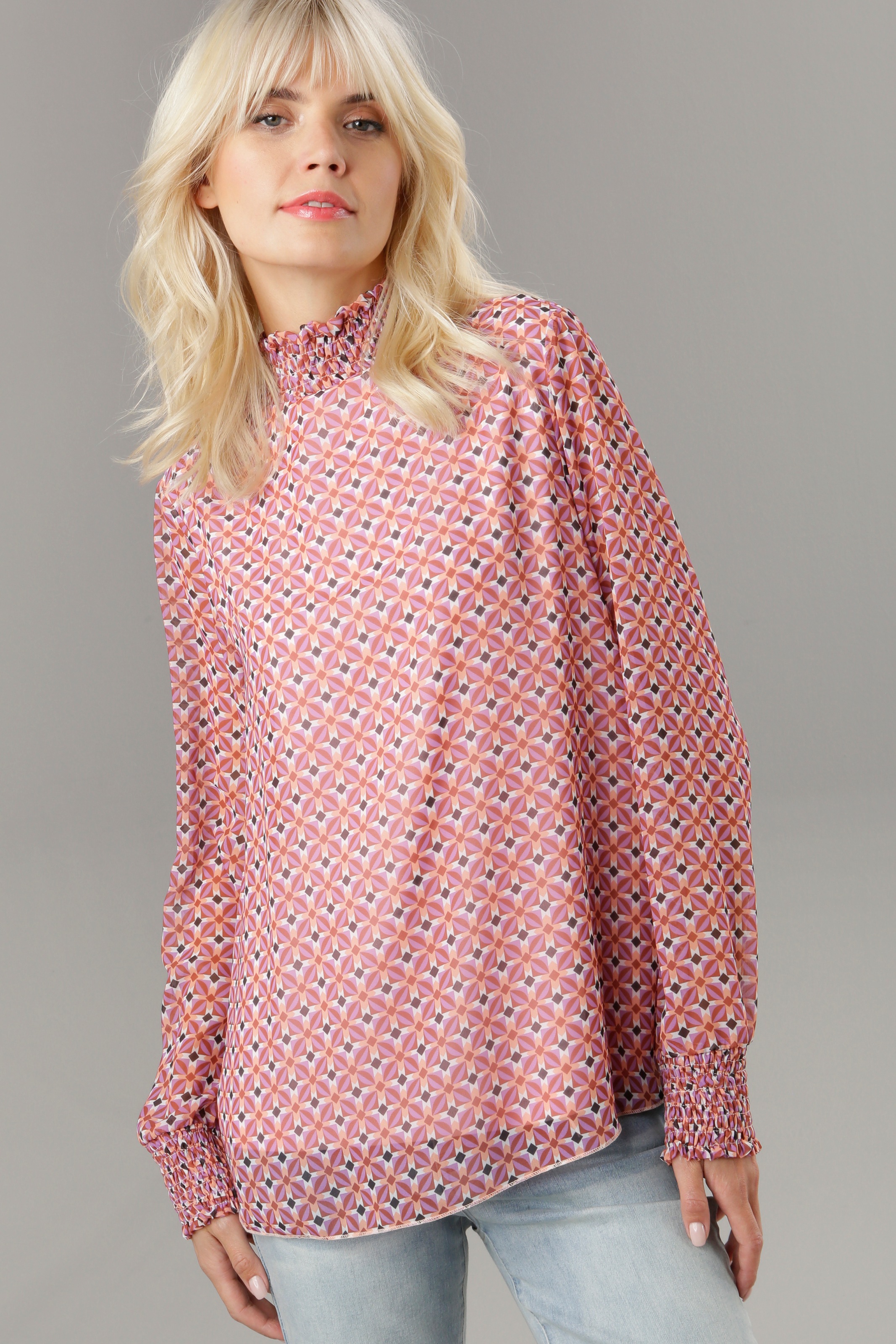 KOLLEKTION NEUE und Aniston geometrischem Chiffonbluse, - Muster BAUR SELECTED Smokbündchen | bestellen mit