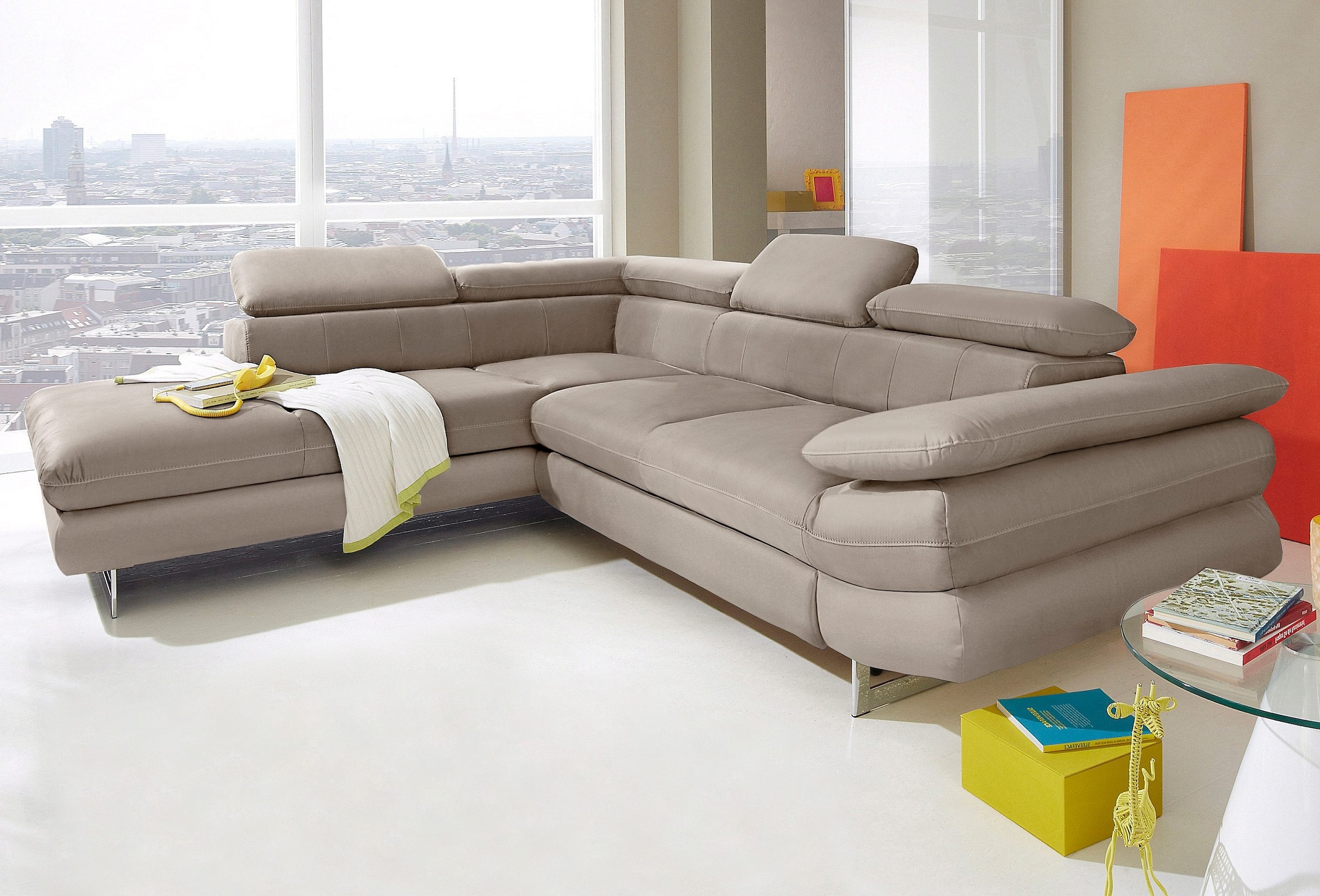 COTTA Ecksofa "Solution L-Form, Design Sofa, bequeme Wellenunterfederung, Design Fuß" mit Arm- & Kopfteilverstellung, wahlweise mit Schlaffunktion
