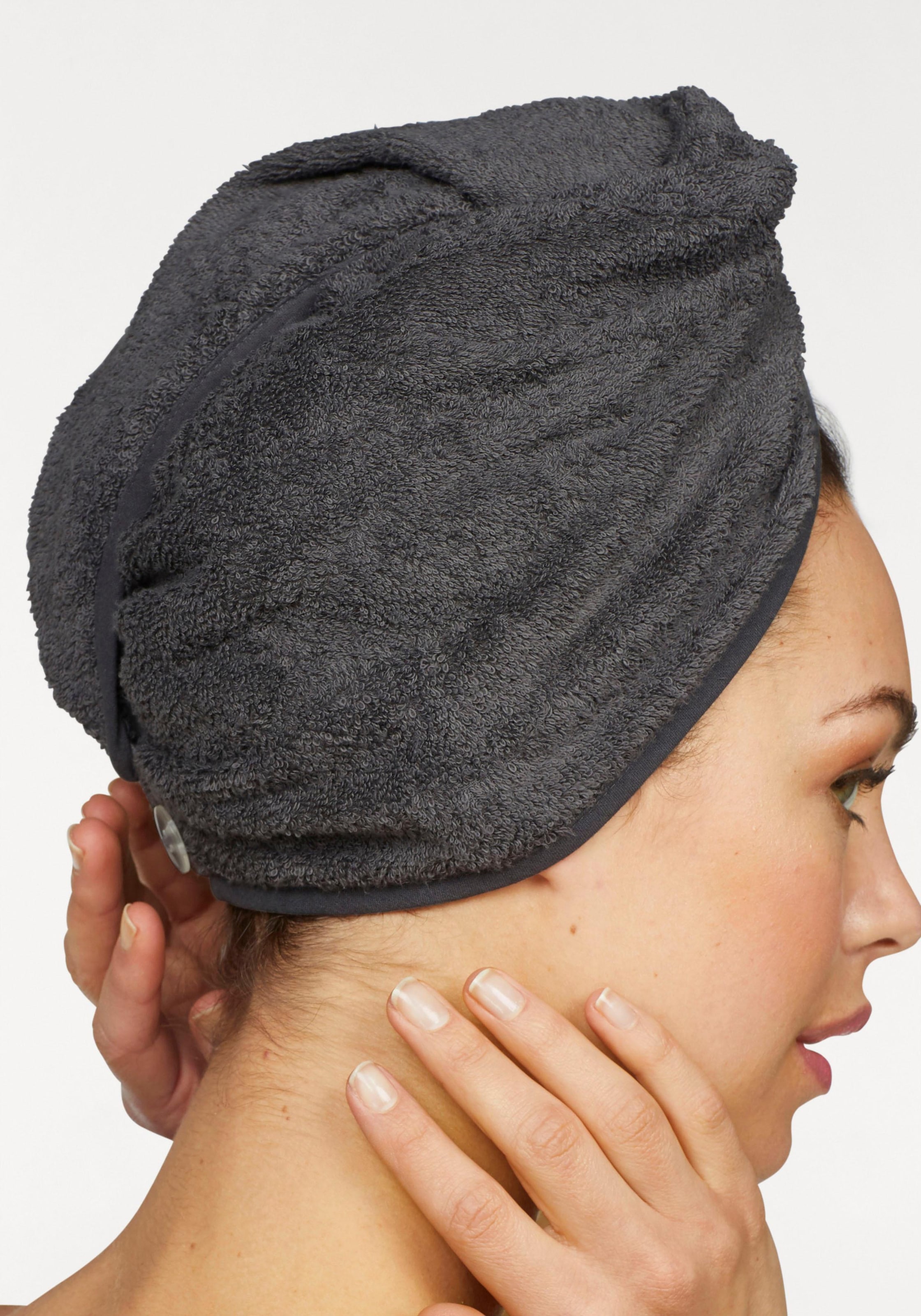 my home Turban-Handtuch »Juna«, (2 St.), mit Knopfverschluss am Hinterkopf  (2 Stück), einfarbiges Haar-Handtuch | BAUR