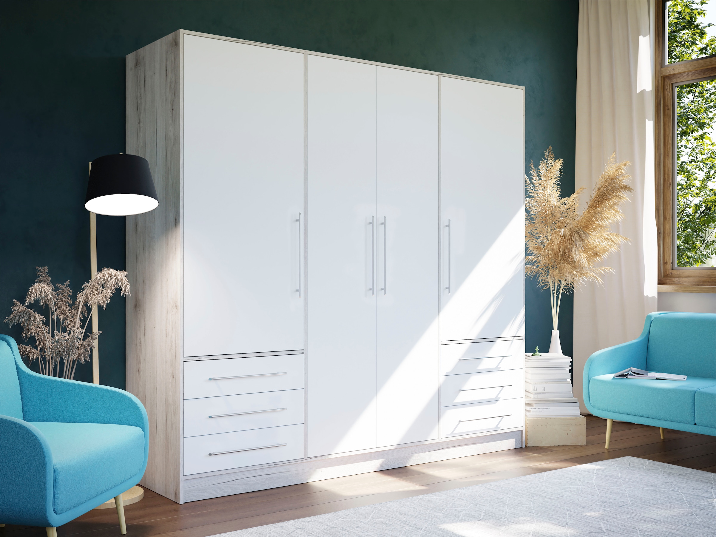 FORTE Kleiderschrank »Jupiter, Made in Europe, mit Schubladen«, (Maße (T/H): 60/200 cm), Stauraum, 2 Breiten, 4 Farben, Schubladen, variable Einlegeböden