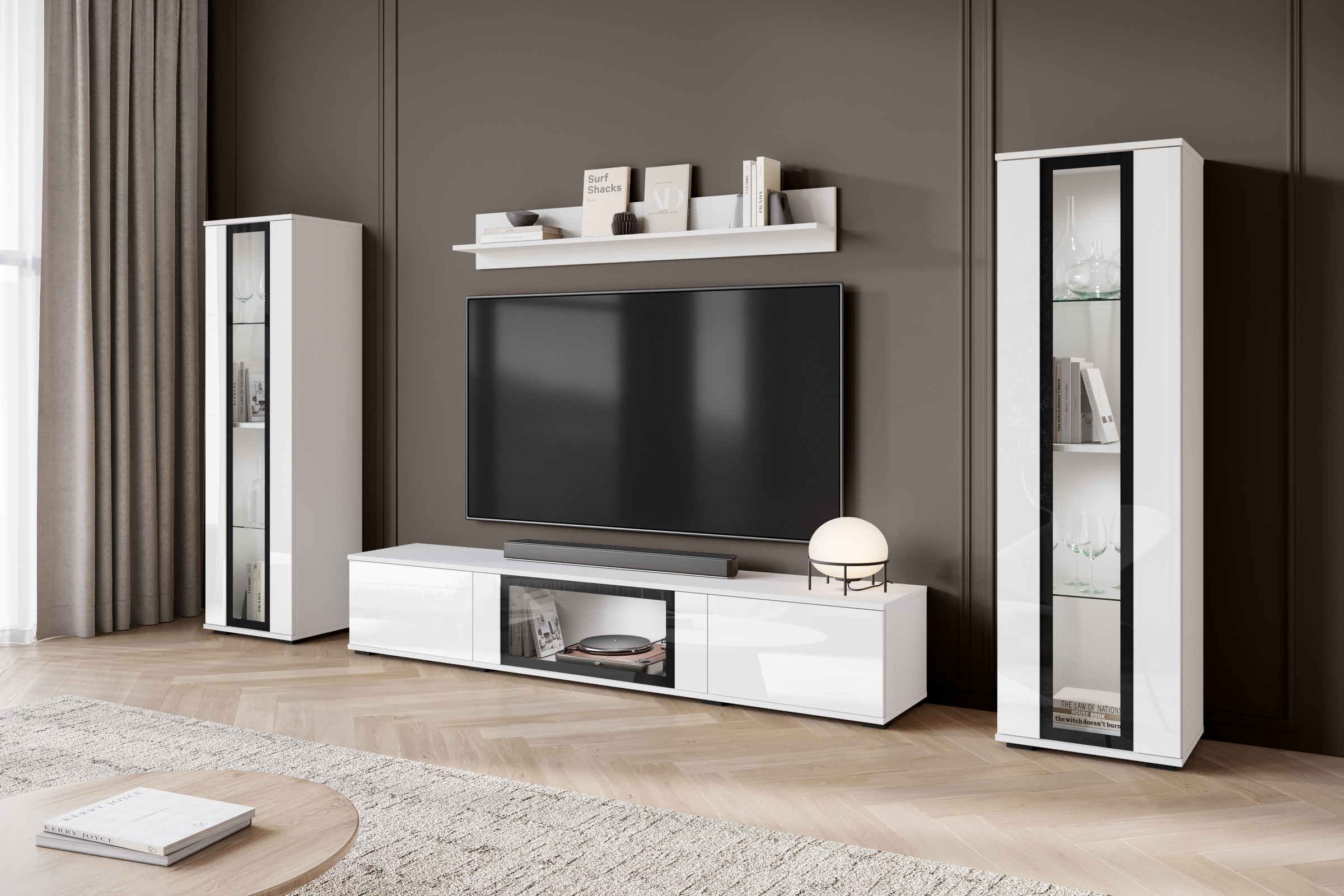 INOSIGN Wohnwand »Caro, stehend und hängend montierbar«, (Komplett-Set, 4 St., Vitrine Türanschlag links/rechts wechselbar), grifflose Design, höhenverstellbare Einlegeböden
