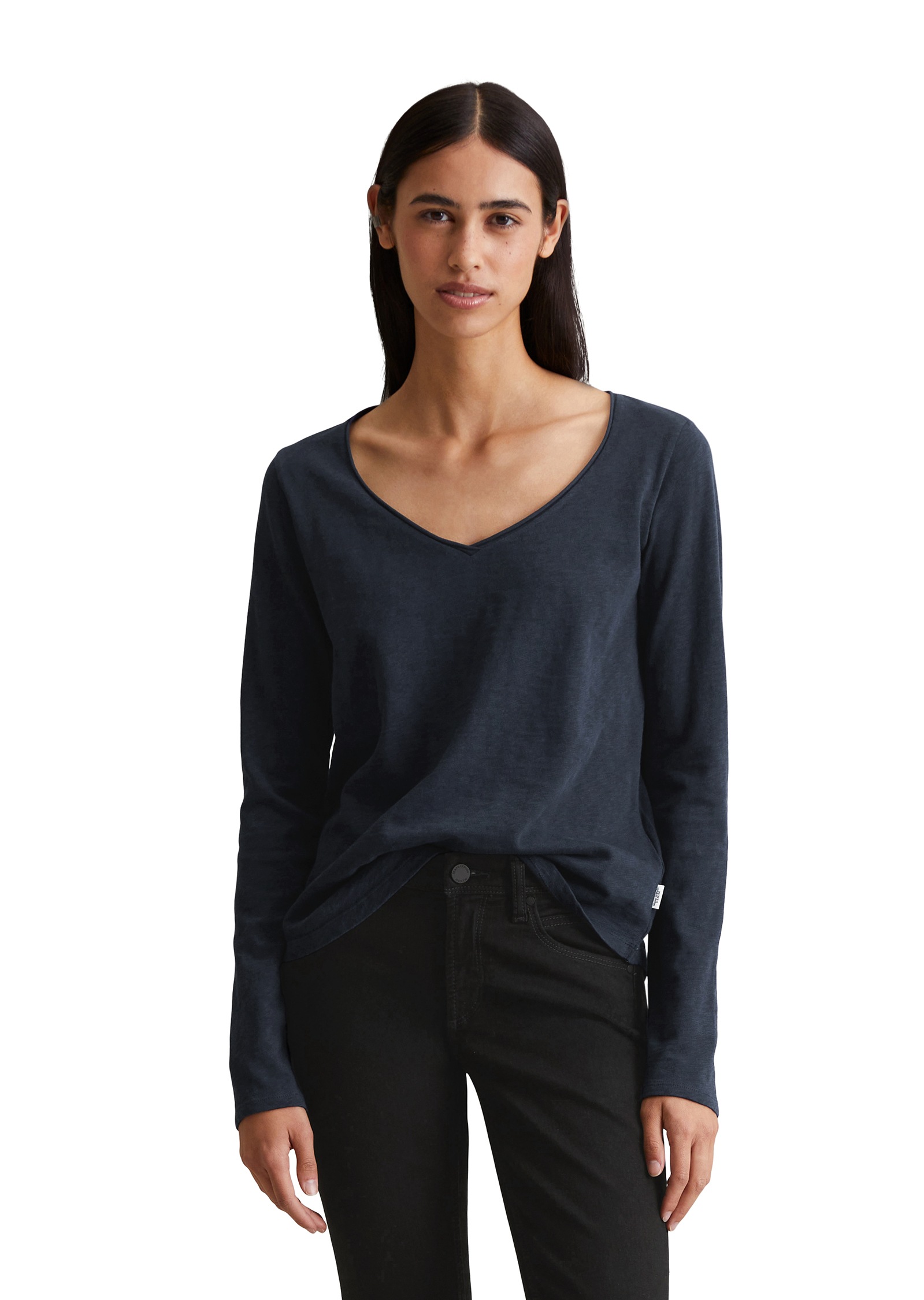 Marc OPolo DENIM Langarmshirt mit Rollkante am V-Ausschnitt günstig online kaufen