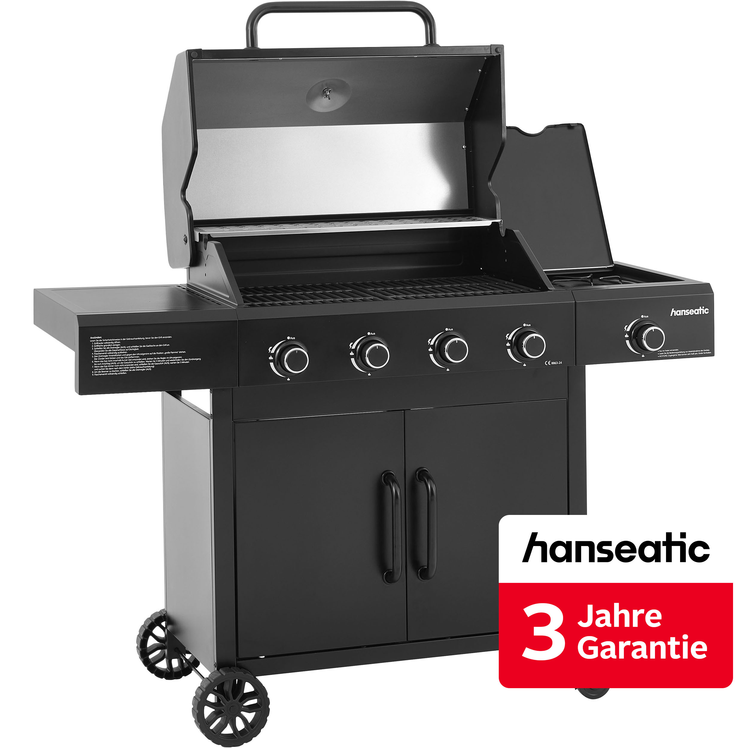 Hanseatic Gasgrill "4-Brenner Rockford Black, 4 Brenner + Seitenbrenner 14,5 kw Gesamt" inkl. 3 Jahre Herstellergarantie