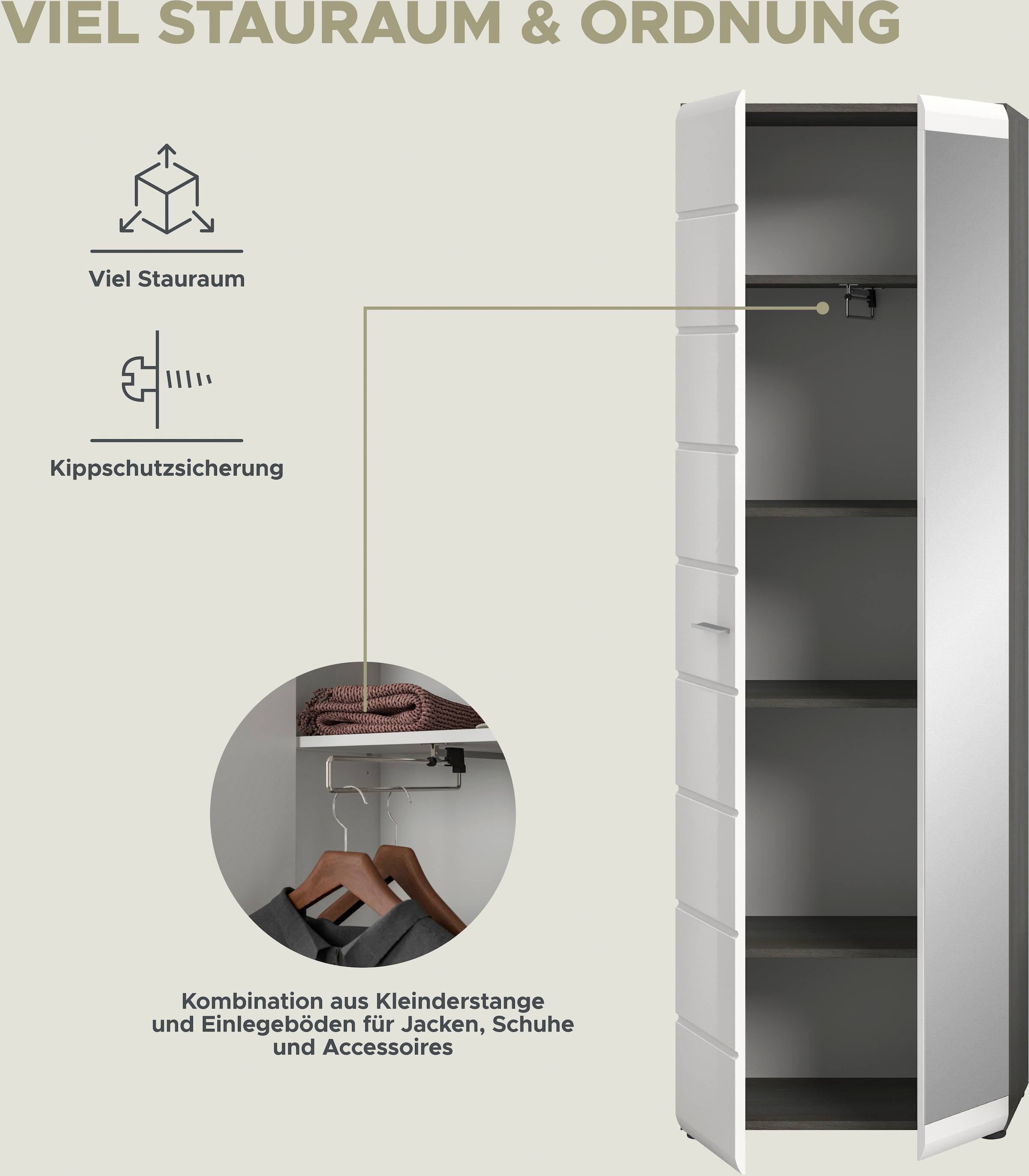 INOSIGN Garderoben-Set »Rumba, 3-teilig, Breite 155 cm, Hochglanz Front, bestehend aus:«, (3 St.), Garderobenschrank, Sitzbank, Garderobenpaneel