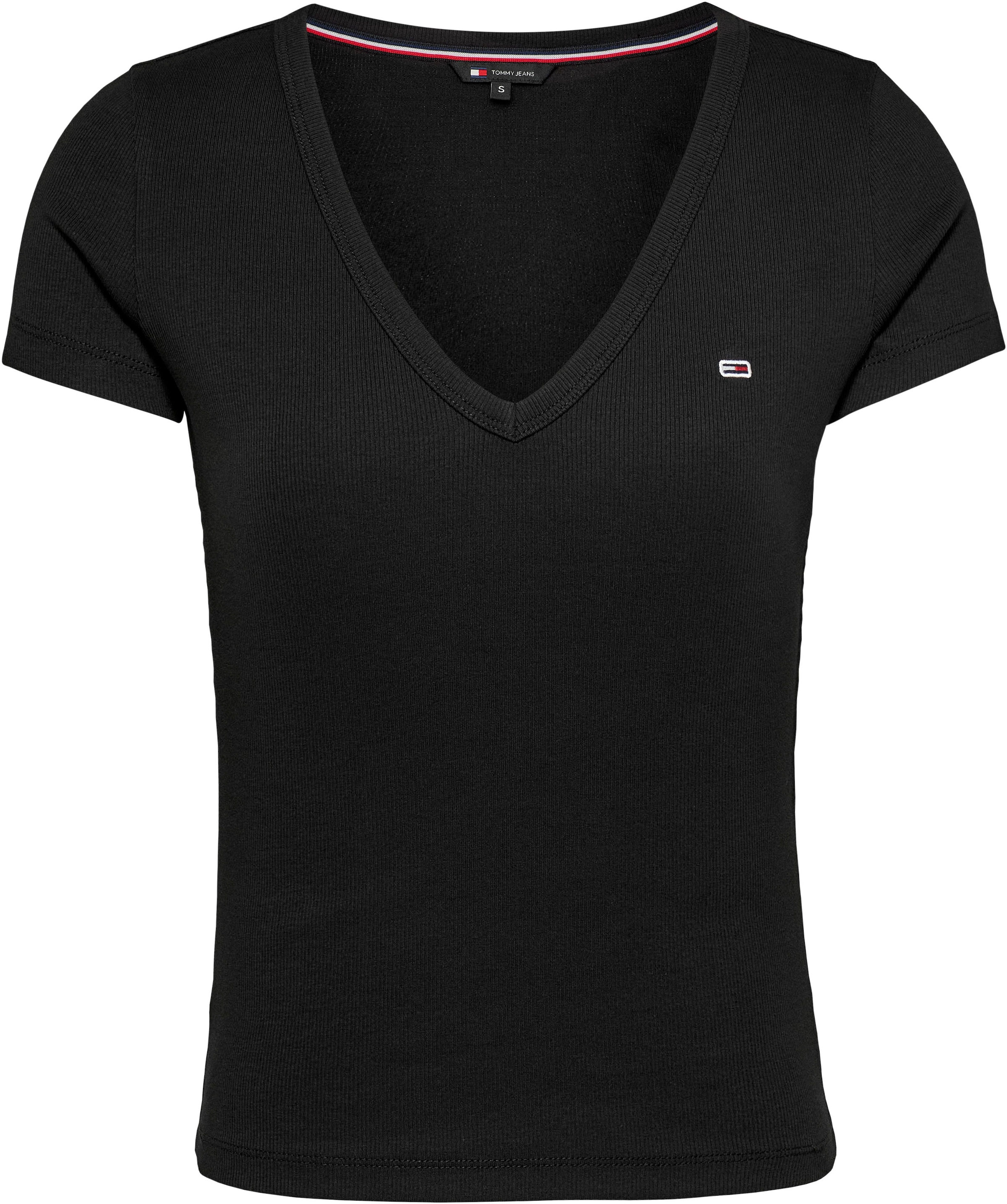 Tommy Jeans T-Shirt »Slim Essential Rib V-Neck Rippshirt«, mit Logostickerei