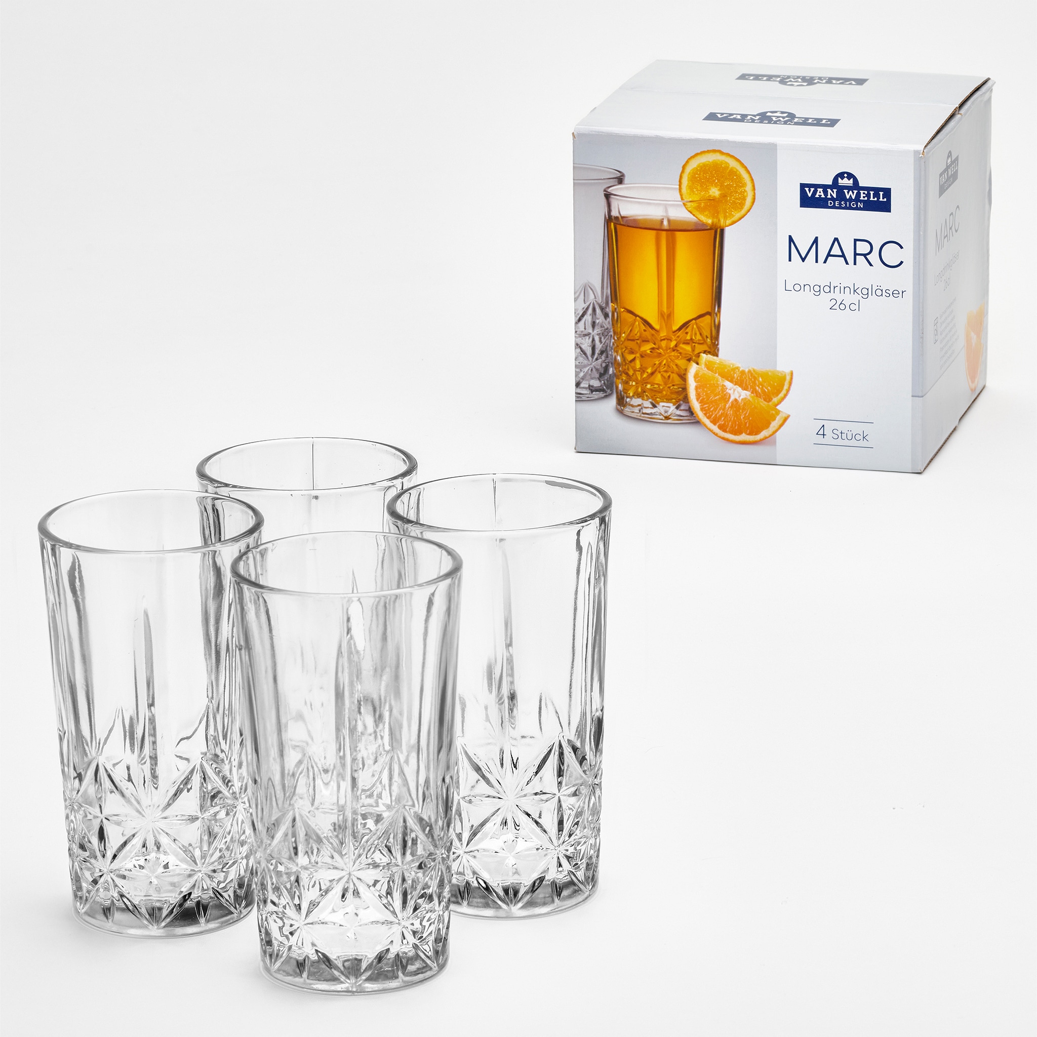 van Well Longdrinkglas »Longdrinkgläser 260 ml Marc, 4 Stück« Kristalloptik, spülmaschinengeeignet
