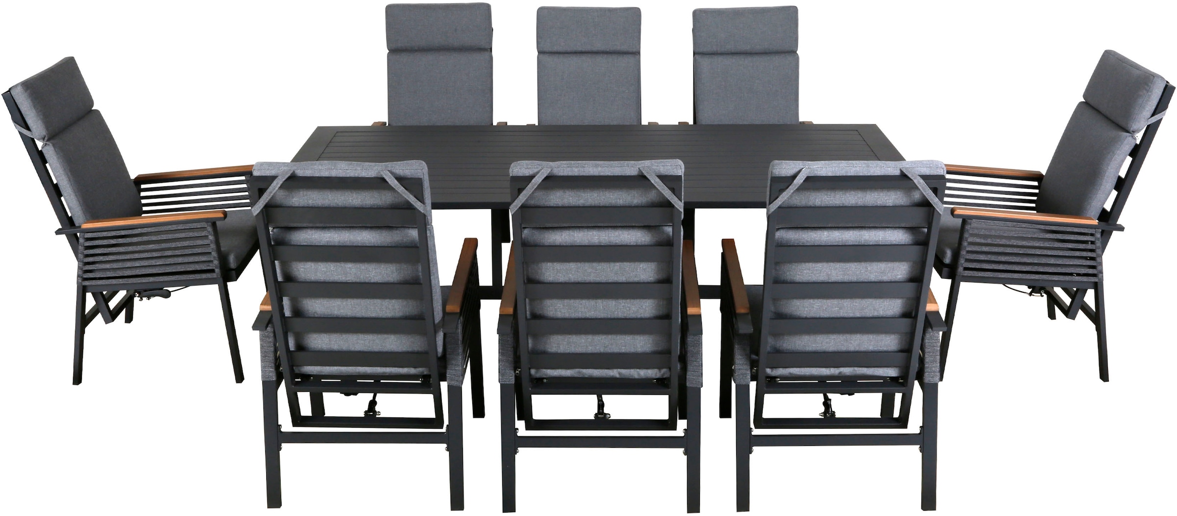 KONIFERA Garten-Essgruppe »Edessa Komfort«, (Set, 17 tlg., 8x Stuhl mit Rückenverstellung, 1x Tisch 220x97x74 cm, inkl. Auflagen), Tischplatte aus Alu-Lamellen,Armlehne mit Seilgeflecht&Noonwood-Latten