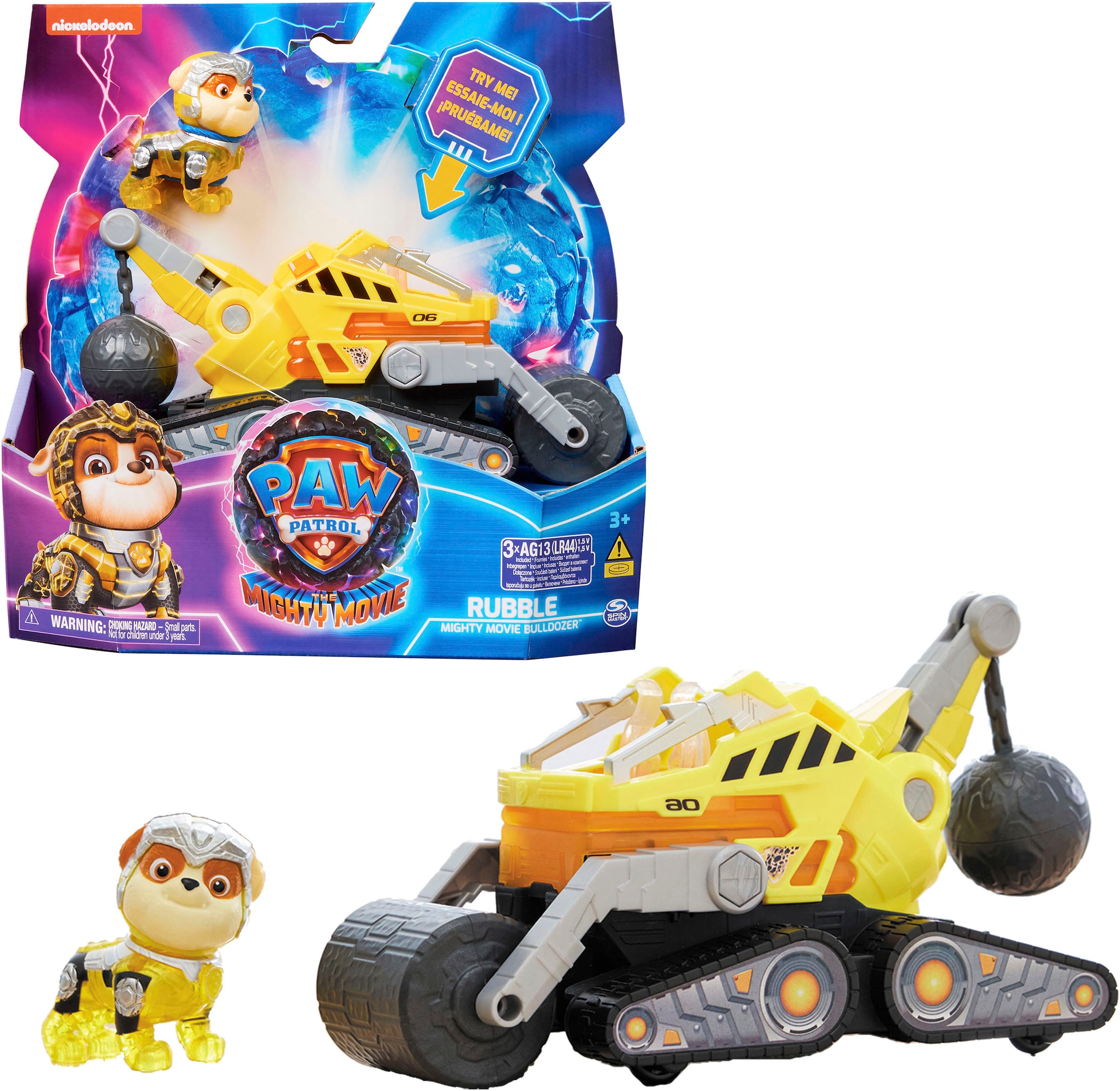 Spin Master Spielzeug-Auto »Paw Patrol - Movie II - Basic Themed Vehicles Rubble«, Baustellenfahrzeug mit Welpenfigur, Licht- und Soundeffekt