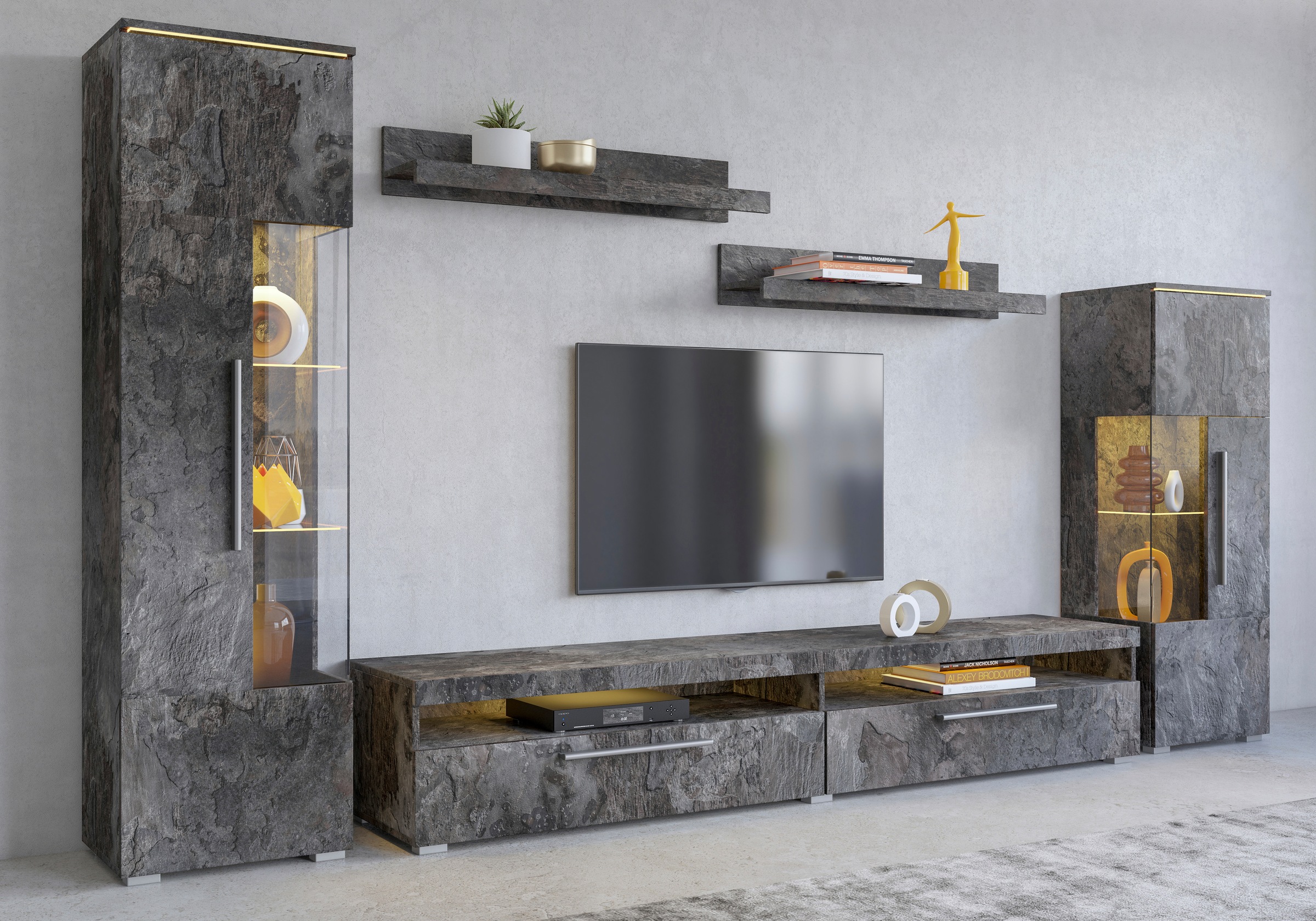 Wohnwand OTTO HOME, grau, ABS-Kunststoff, Glas, Holzwerkstoff, Kunststoff, Metall, Wohnzimmer, Kastenmöbel-Sets, "India,Breite 290cm moderne