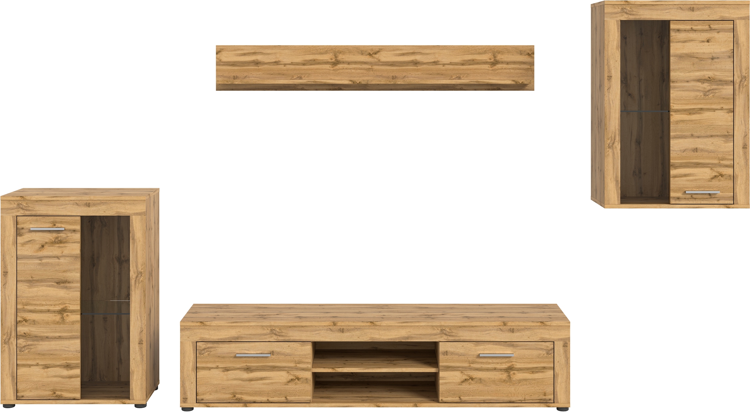 INOSIGN Wohnwand »Aosta, 4-tlg., bestehend aus: 2x Vitrine, Lowboard & Wandboard«, (4 St.), Wohnwand, Kombination, Anbauwand, Möbel Set, Schrankwand, Möbel Kombi