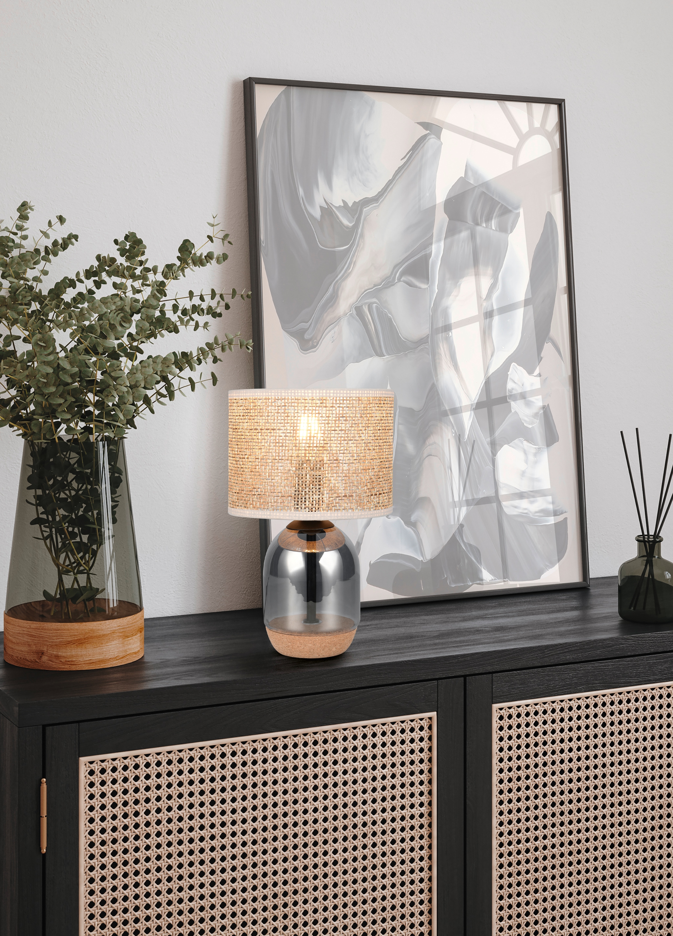 TRIO Leuchten Tischleuchte »TARA, Tischlampe, Fuß aus Glas & Kork, Lampenschirm aus Strohgeflecht« E27 1 Stk. warmweiß - kaltweiß exkl 1x E27 max 10W, Ø 25cm, Schnurschalter