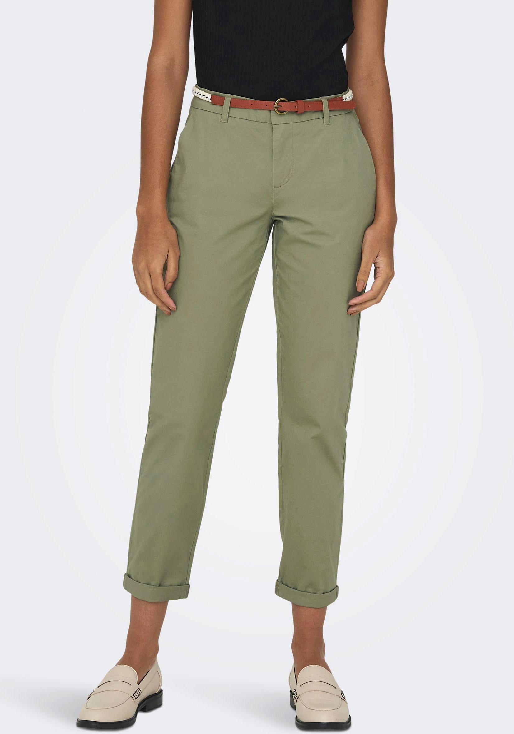 ONLY "ONLBIANA – Chinohose mit Gürtel und Umschlagsaum" slim fit, modisch, Web, Baumwollmischung
