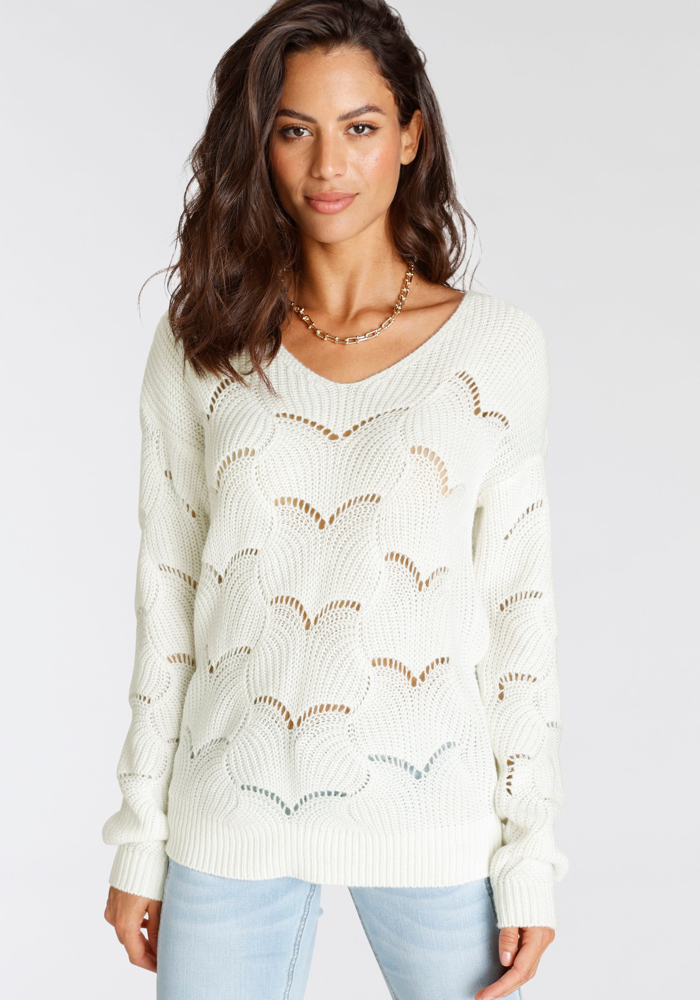 Laura Scott Strickpullover, mit V-neck und trendy Ajourmuster günstig online kaufen