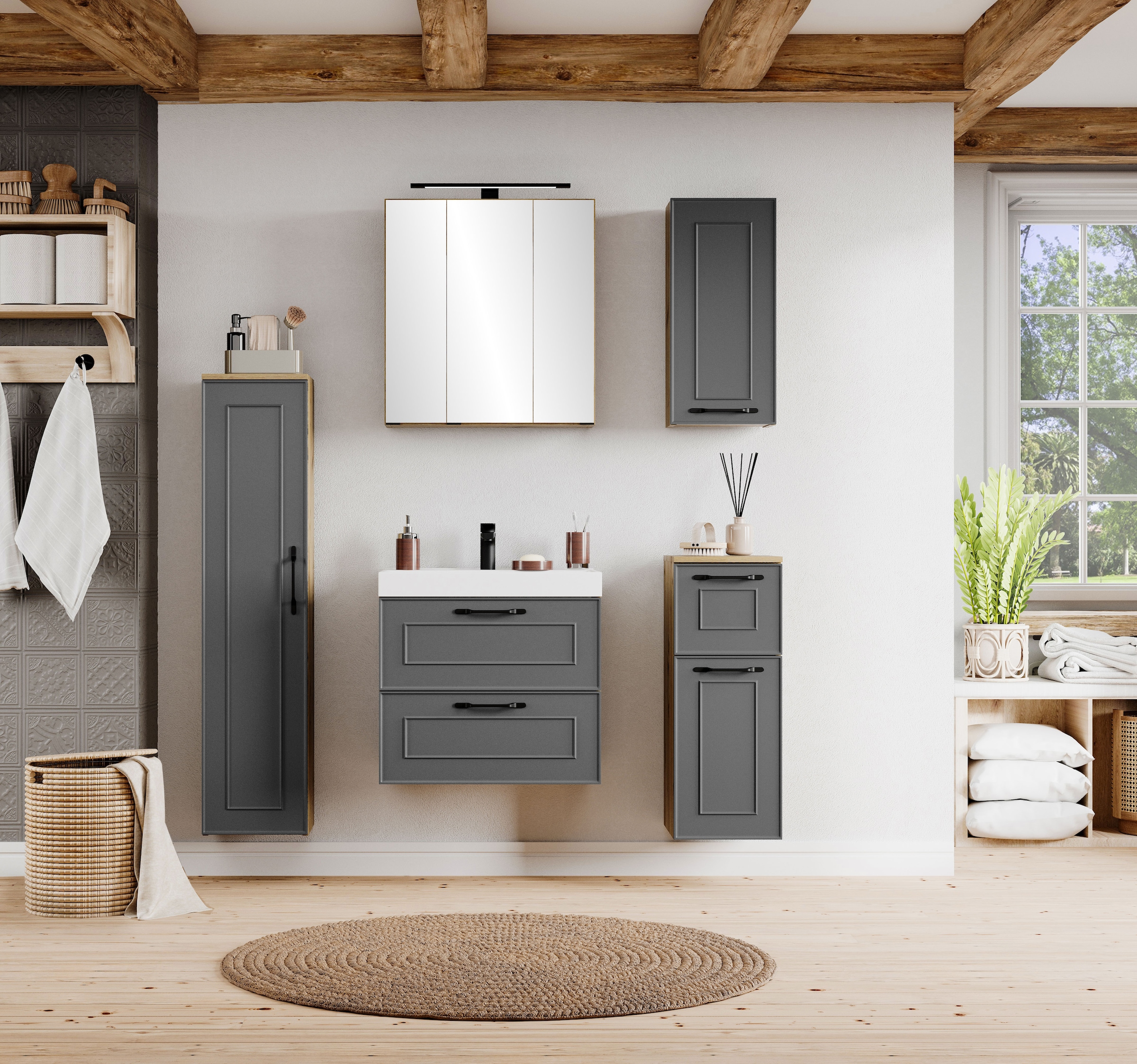 welltime Waschtisch »CADIZ, Waschtisch« matt grau, Landhaus-Optik, schwarze Aktzente