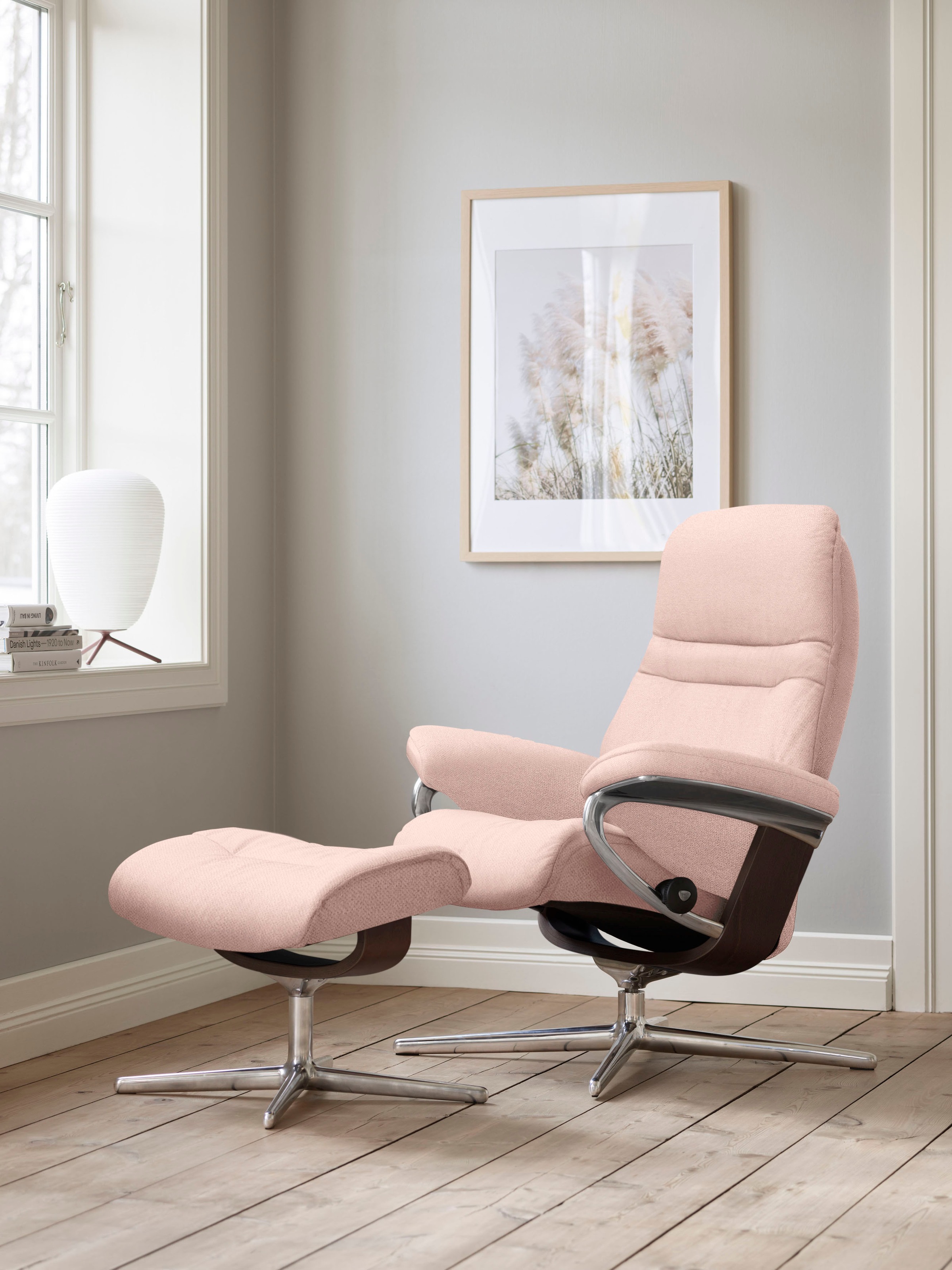 Stressless® Relaxsessel »Sunrise«, (Set, Relaxsessel mit Hocker), mit Hocker, mit Cross Base, Größe S, M & L, Holzakzent Braun