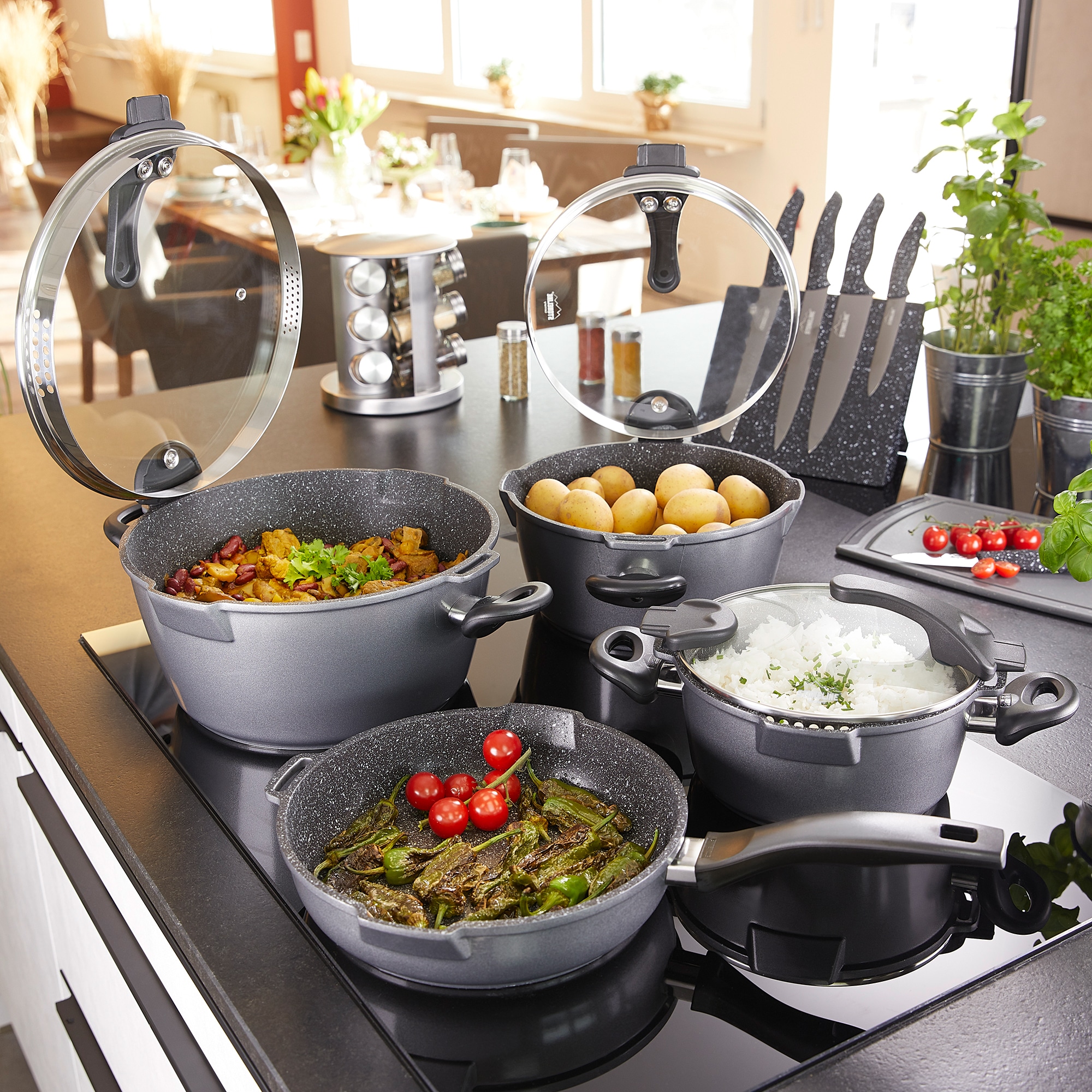 STONELINE Topf-Set »Future«, Aluminiumguss, (Set, 8 tlg., Kochtopf 20/24, Stieltopf 18 cm, Schmorpfanne 20/24 cm), Induktion