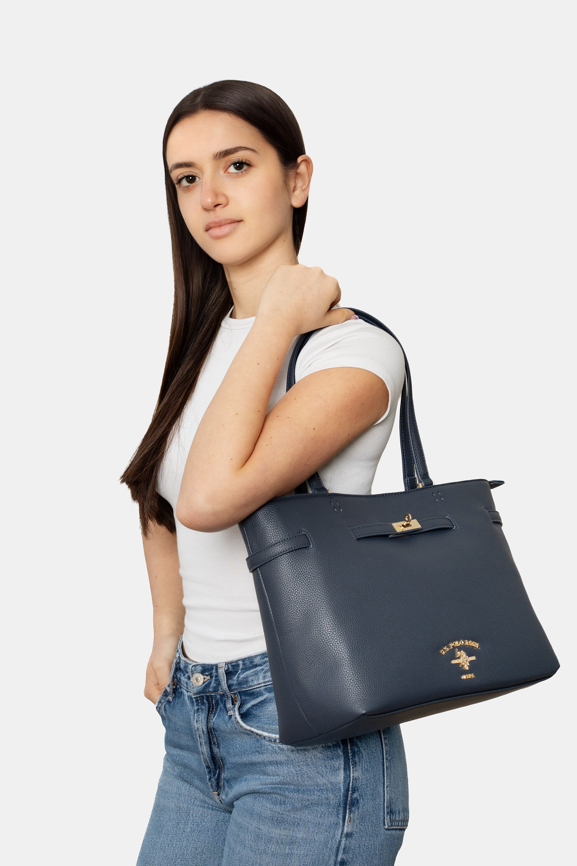 U.S. Polo Assn. Tragetasche »STANFORD MEDIUM SHOPPING BAG SHOPPER. Damen« Goldfarbene Designelemente und Marken-Logo