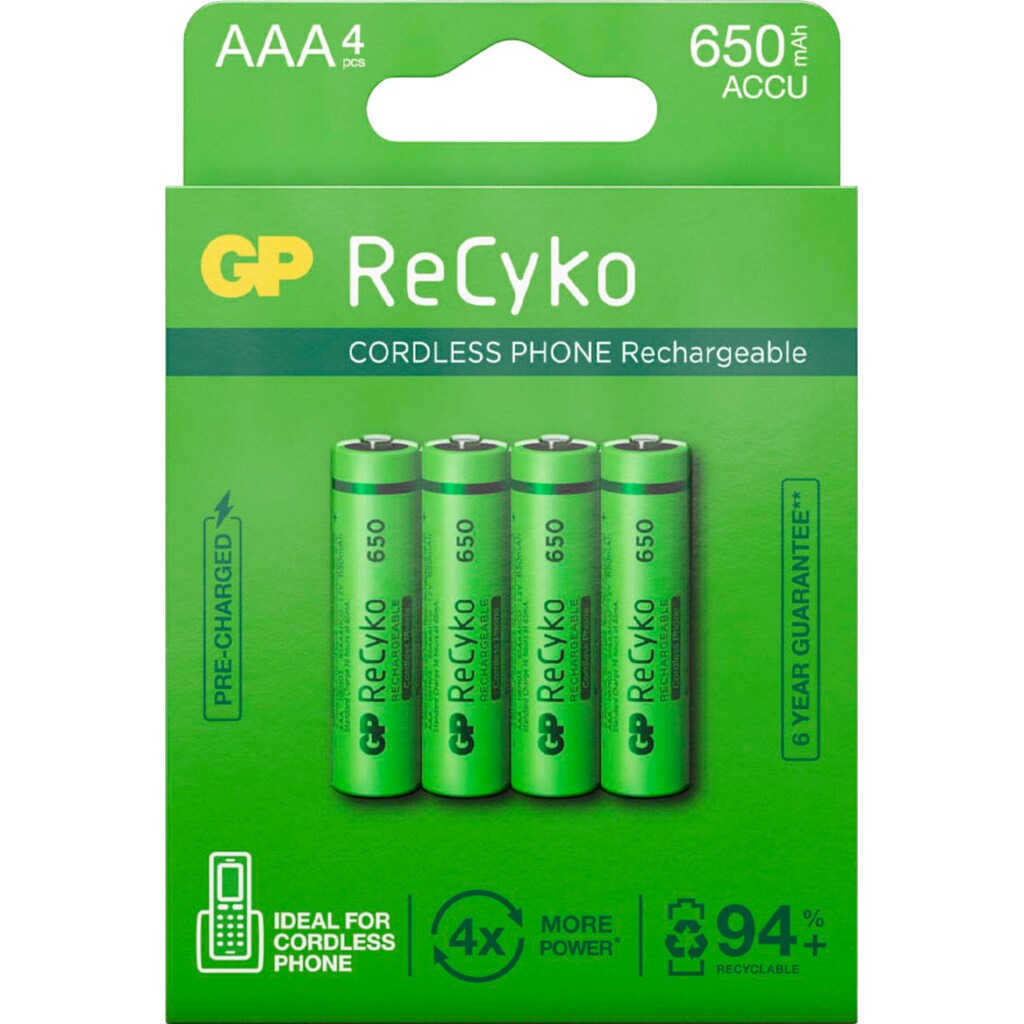 GP Batteries Batterie »4er Pack AAA NiMH 650 mAh ReCyko 1,2V«, 1,2 V, (Set, 4 St.)