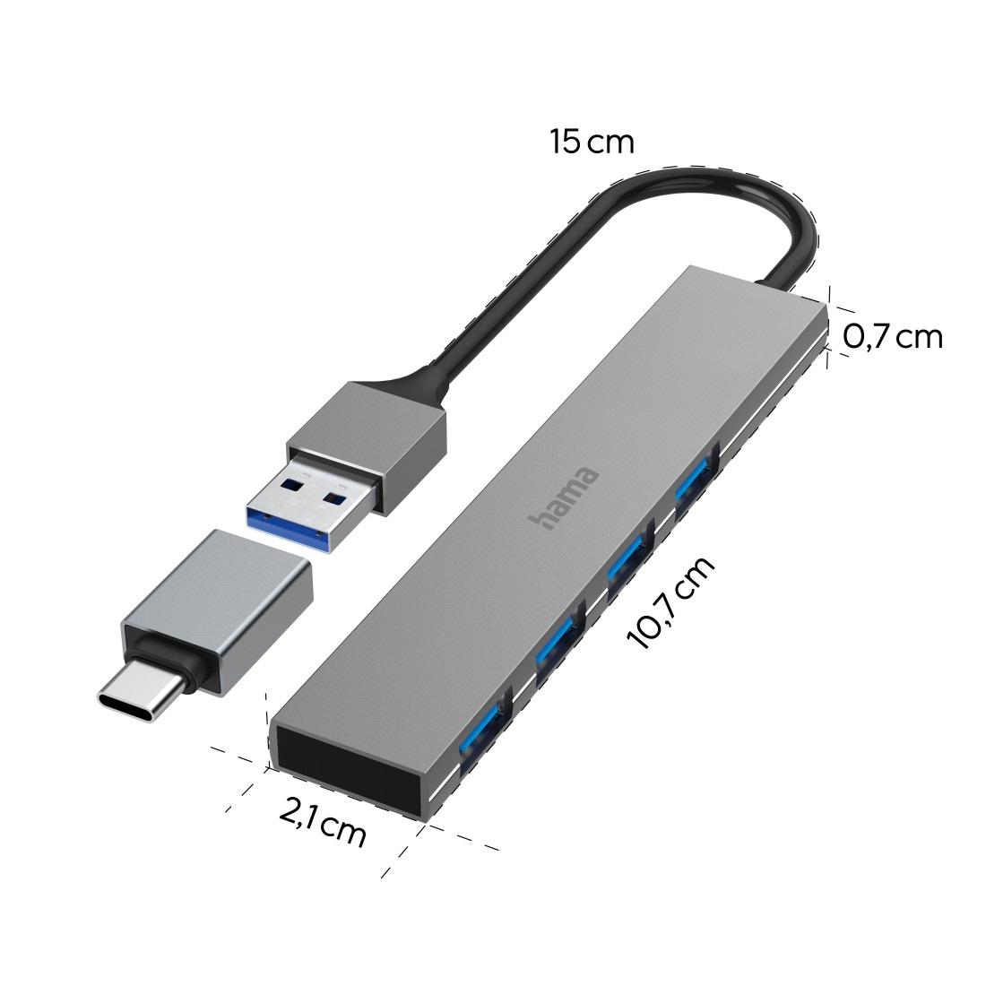 Hama USB-Adapter »USB Hub mit Adapter, 4 Ports mit USB C und USB A Stecker, Slim, grau« USB Typ A | USB Typ C zu USB Typ A 15 cm