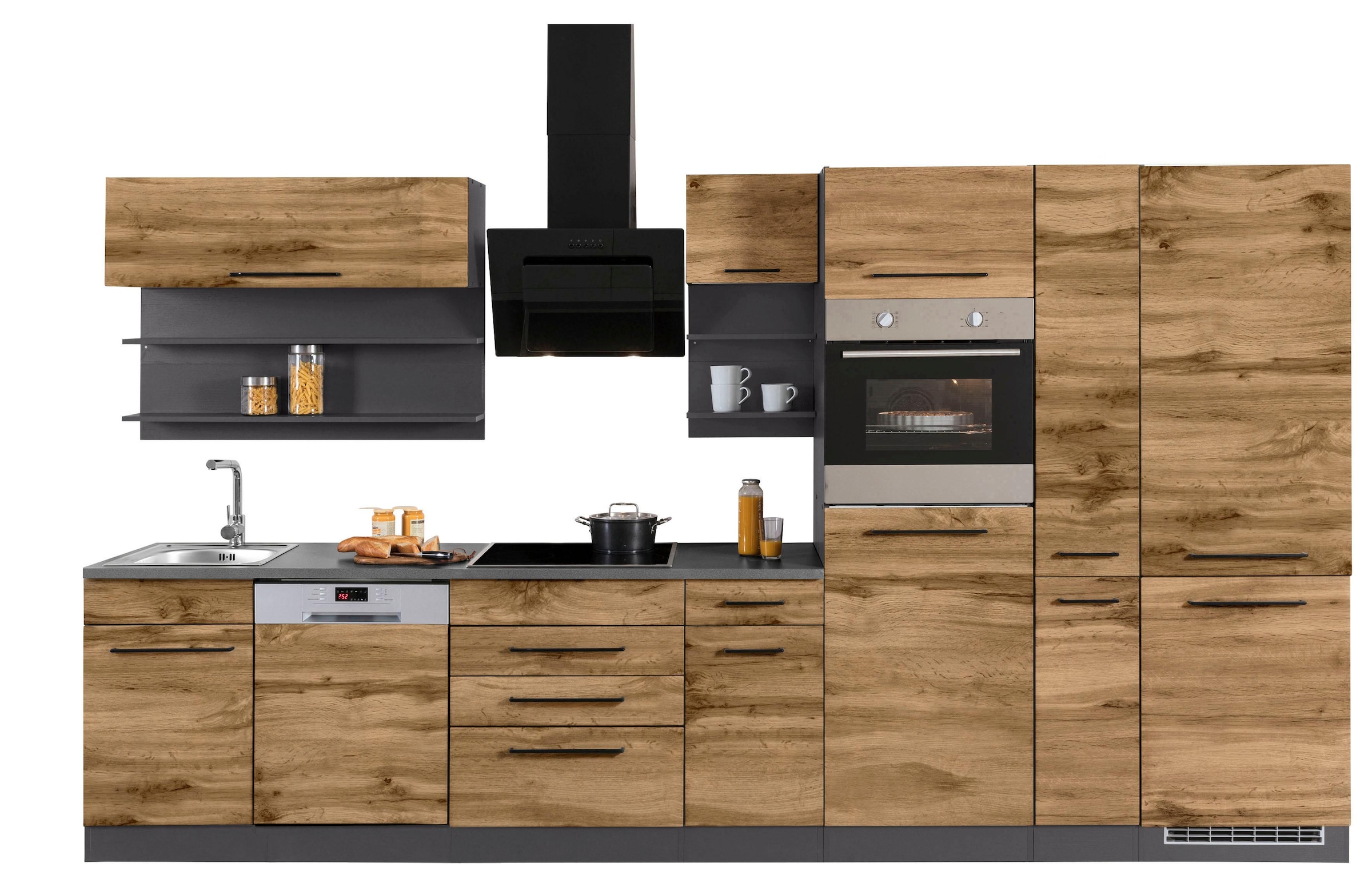 KOCHSTATION Küchenzeile »KS-Tulsa«, ohne E-Geräte, Breite 360 cm, schwarze Metallgriffe, MDF Fronten