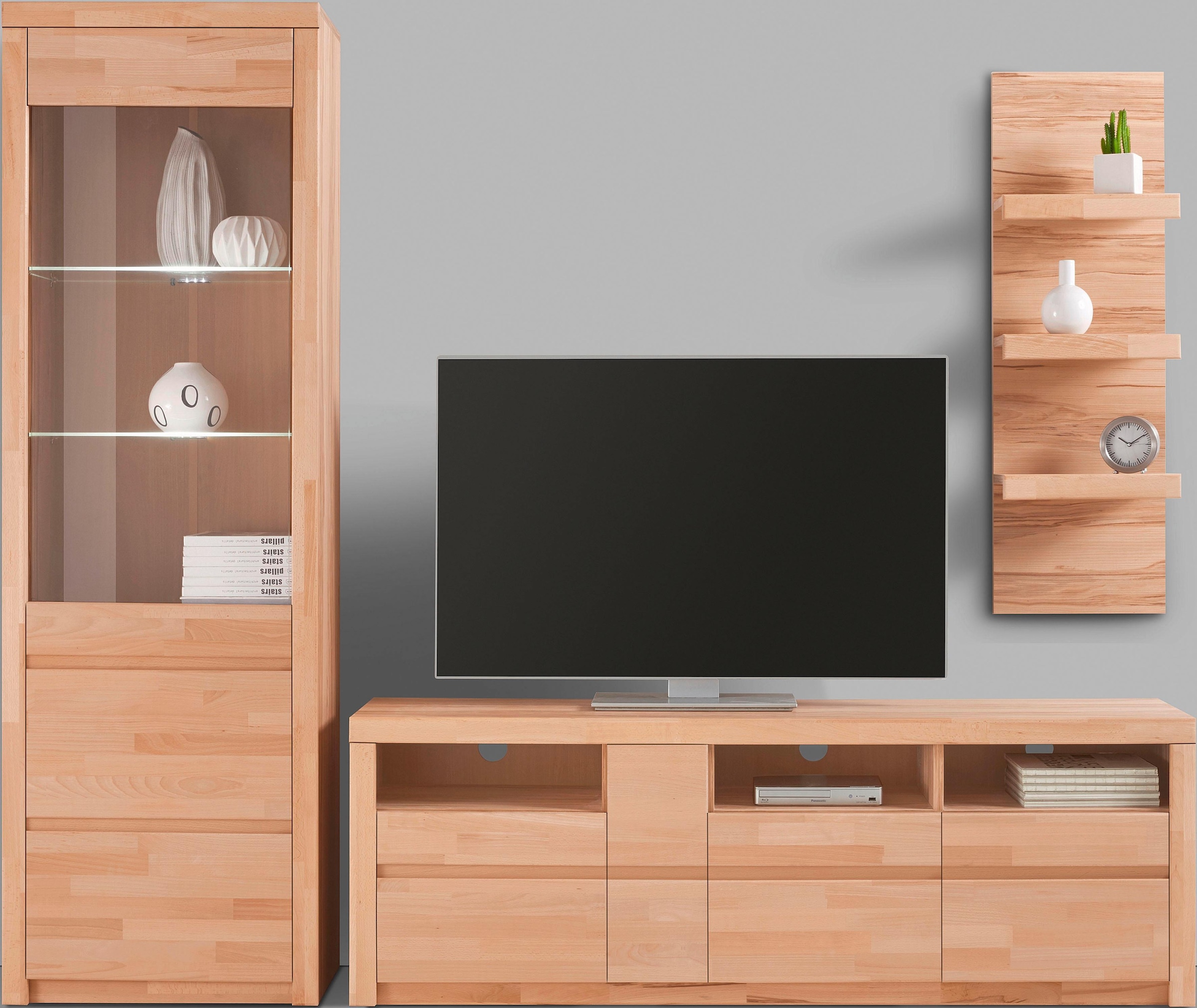 OTTO home Wohnwand "Silkeborg: 3-teilig, Breite: 220cm, Griffmulden, Fronten Massivholz" Set, 3 Stk. tlg.