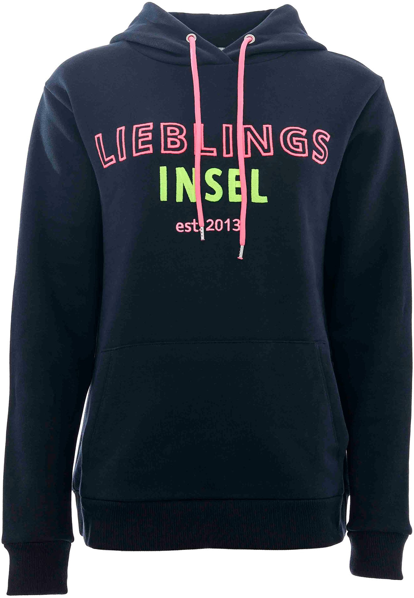 Zwillingsherz Sweatshirt, mit "Lieblings Insel"-Aufstick und neonfarbenen Kordeln