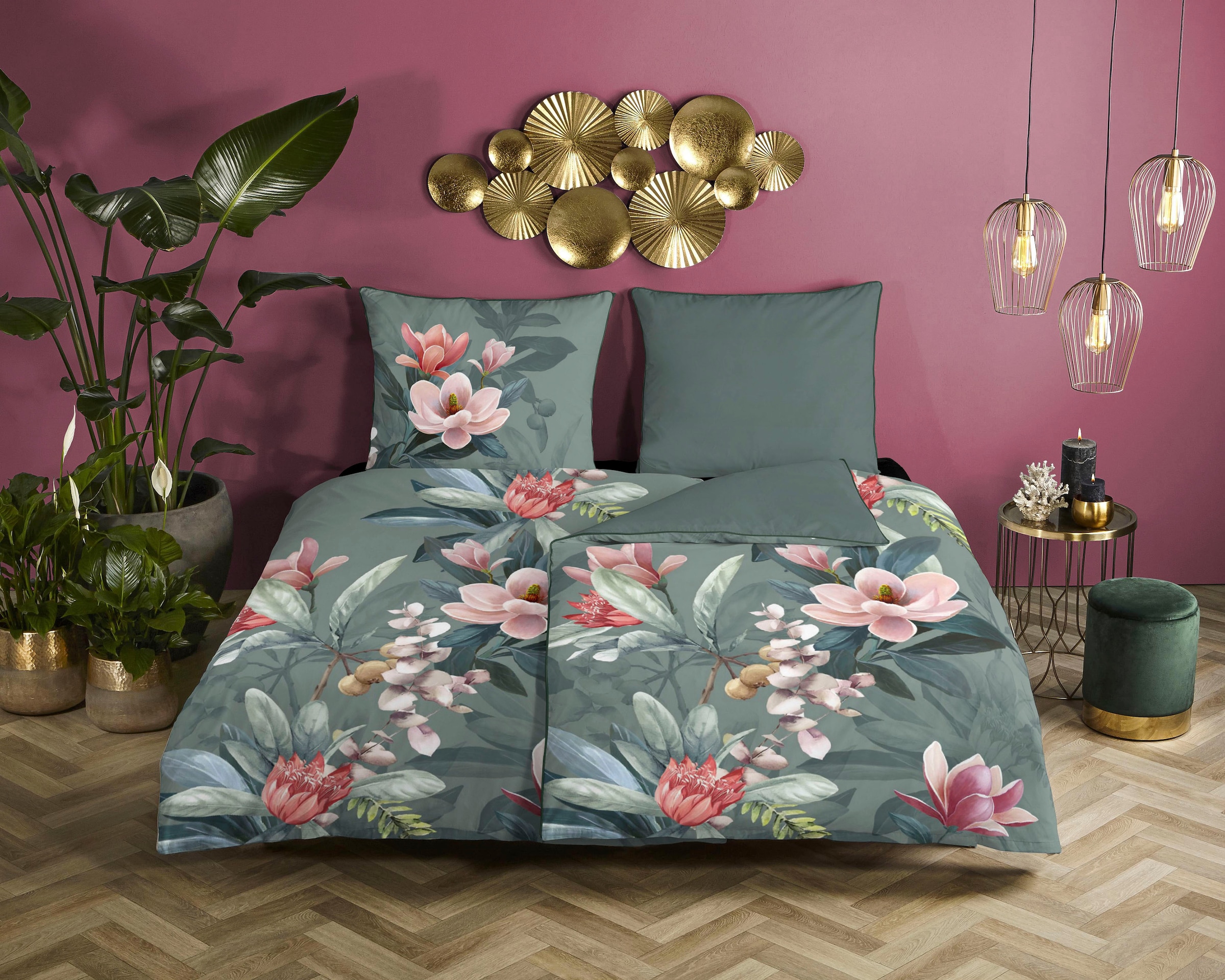 Descanso Wendebettwäsche »Parler«, Baumwolle, Satin, 135x200, Biese, Reißverschluss, Wende, Blumen, Grün