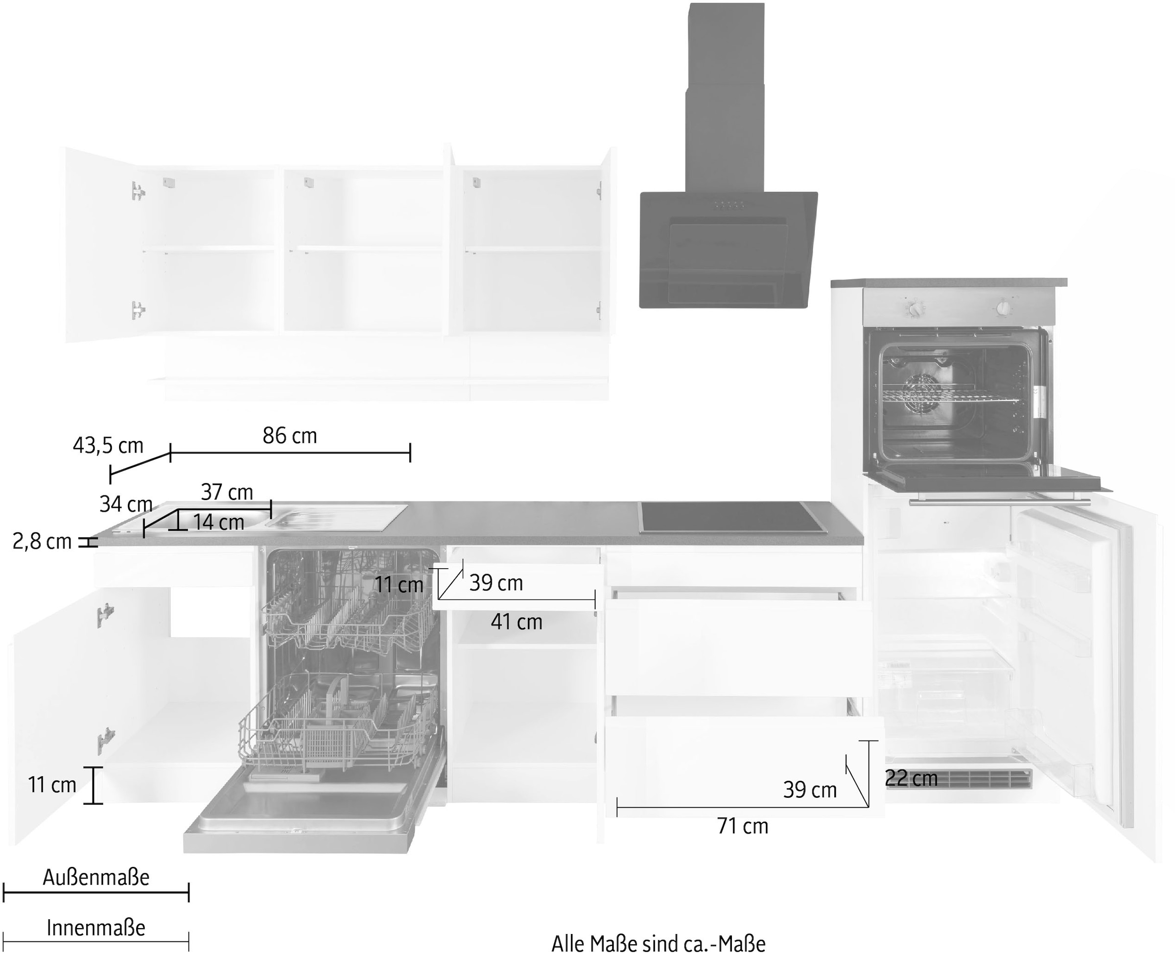 KOCHSTATION Küchenzeile »KS-Virginia,neu in verbesserter Ausführung« Arbeitsplatte 38 mm stark, Stauraum, Softclose,  Breite 300 cm, Soft-Close, ohne E-Geräte