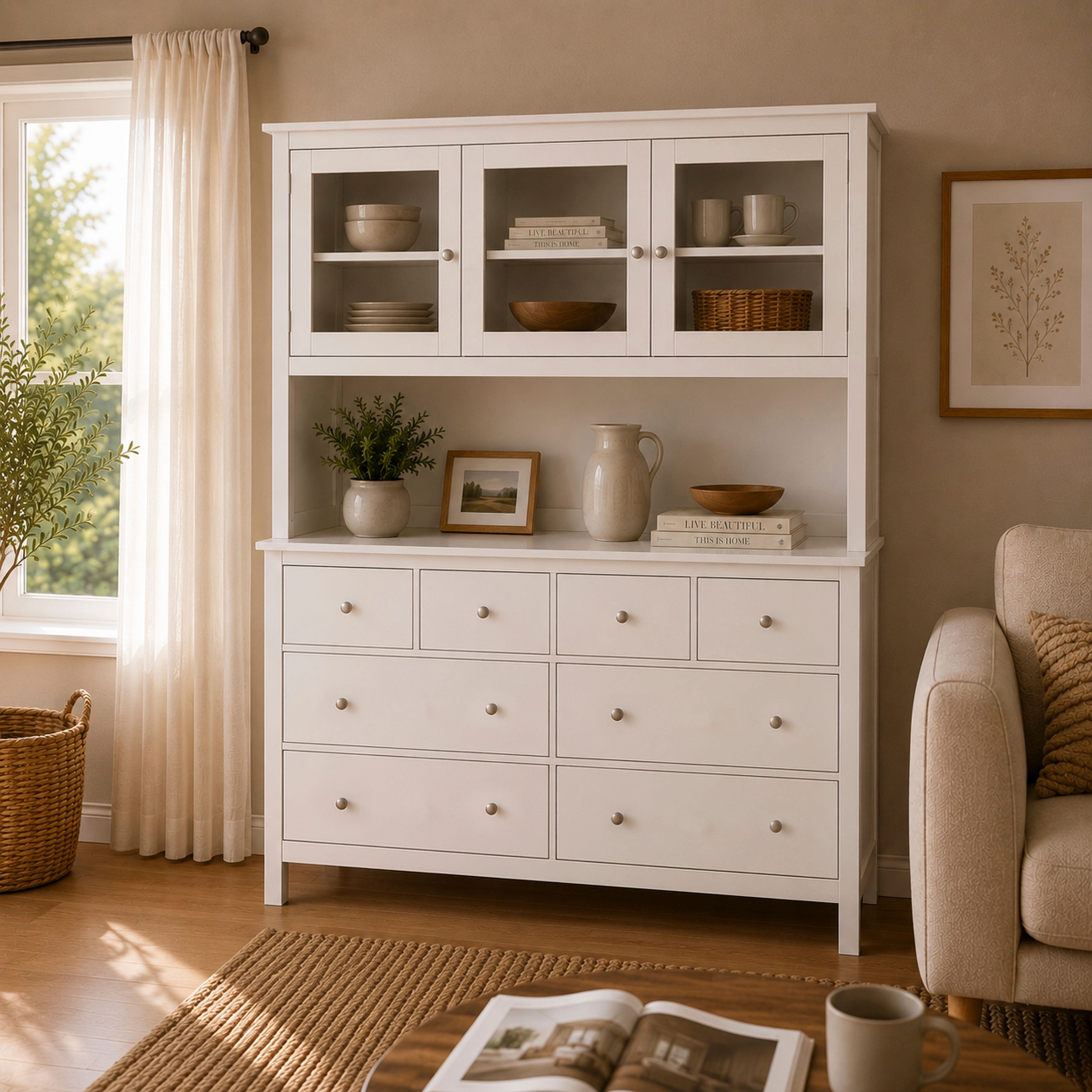 Inter Link Buffet »Pinora, Vitrine Kiefer Massivholz, Küchenschrank Weiss lackiert« 1 Stk. tlg. Geschirrschrank im Skandi Look, viel Stauraum, 160 x 39,50 x 197 cm