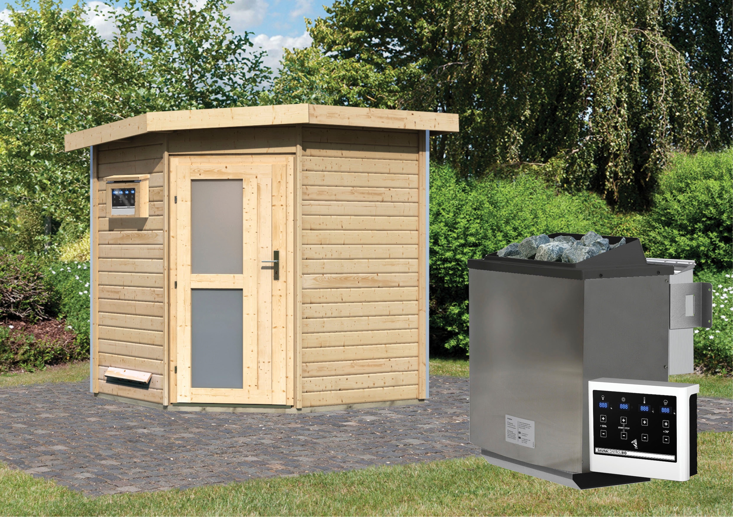 Karibu Saunahaus »Fiete«, Milchglastür, Ofen 9 kW Bio externe Strg easy