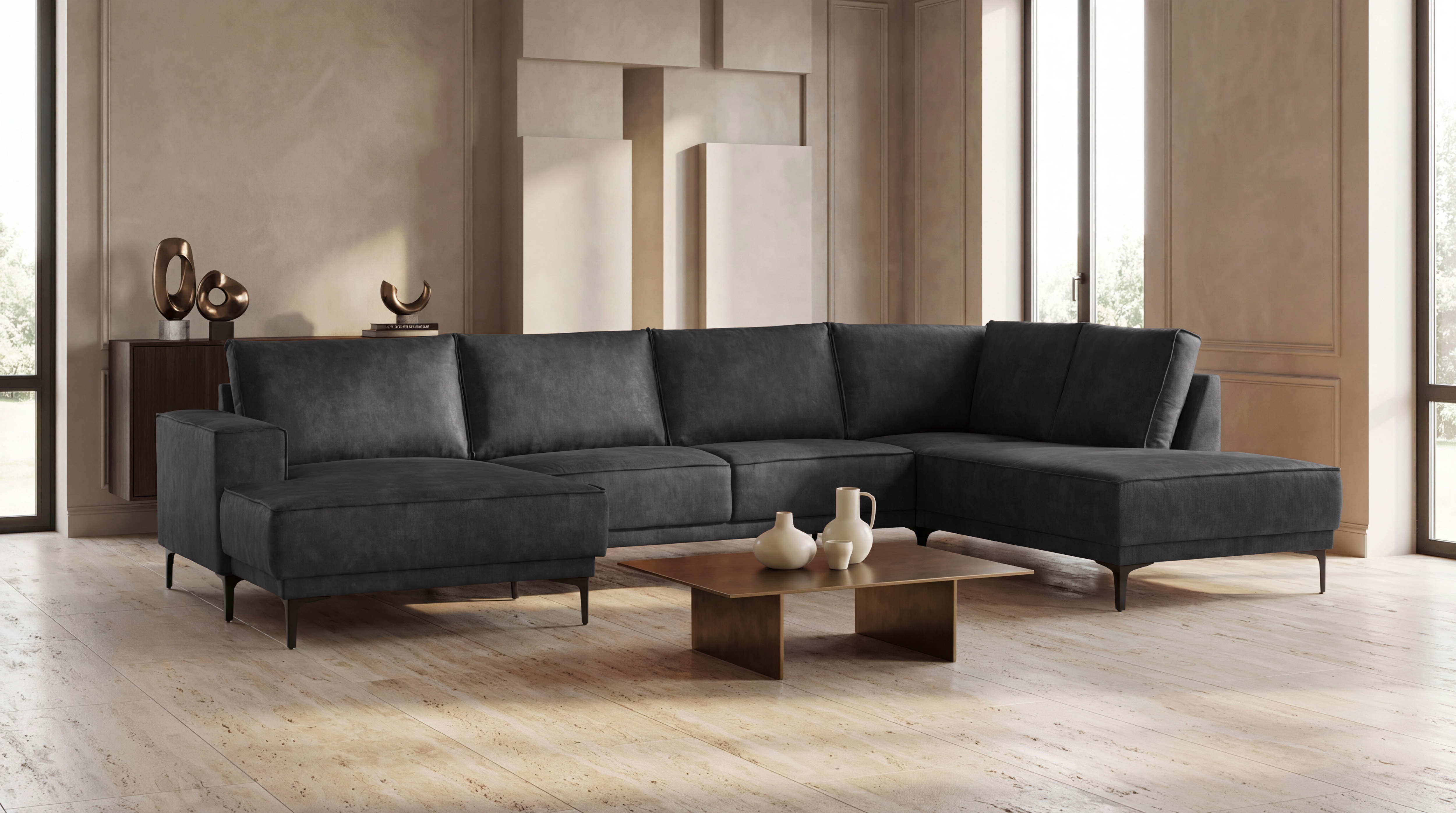 OTTO home Wohnlandschaft "OLAND Luxus-Microfaser U-Form, XXL, B: 345 cm, Skandi-Design" U-Form, 345 cm, Wellenunterfederung, Skandi-Design, Metallfüße