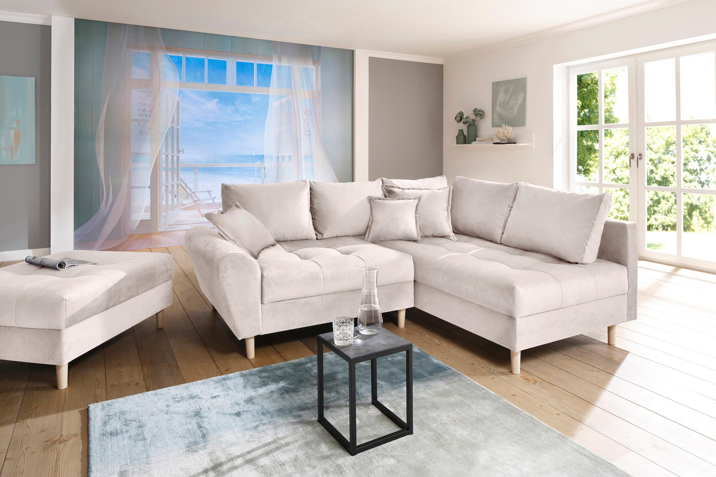 Home affaire Ecksofa "Rice L-Form, B: 223 cm" Set: Sofa & Hocker, mit 3 Zie günstig online kaufen