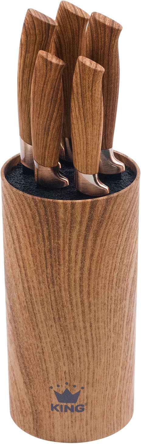 KING Messerblock "Essential", braun, Messerblöcke, Messer mit Wellenschliff, Griffe in Holzoptik, (5 Messer+ Messerblock)