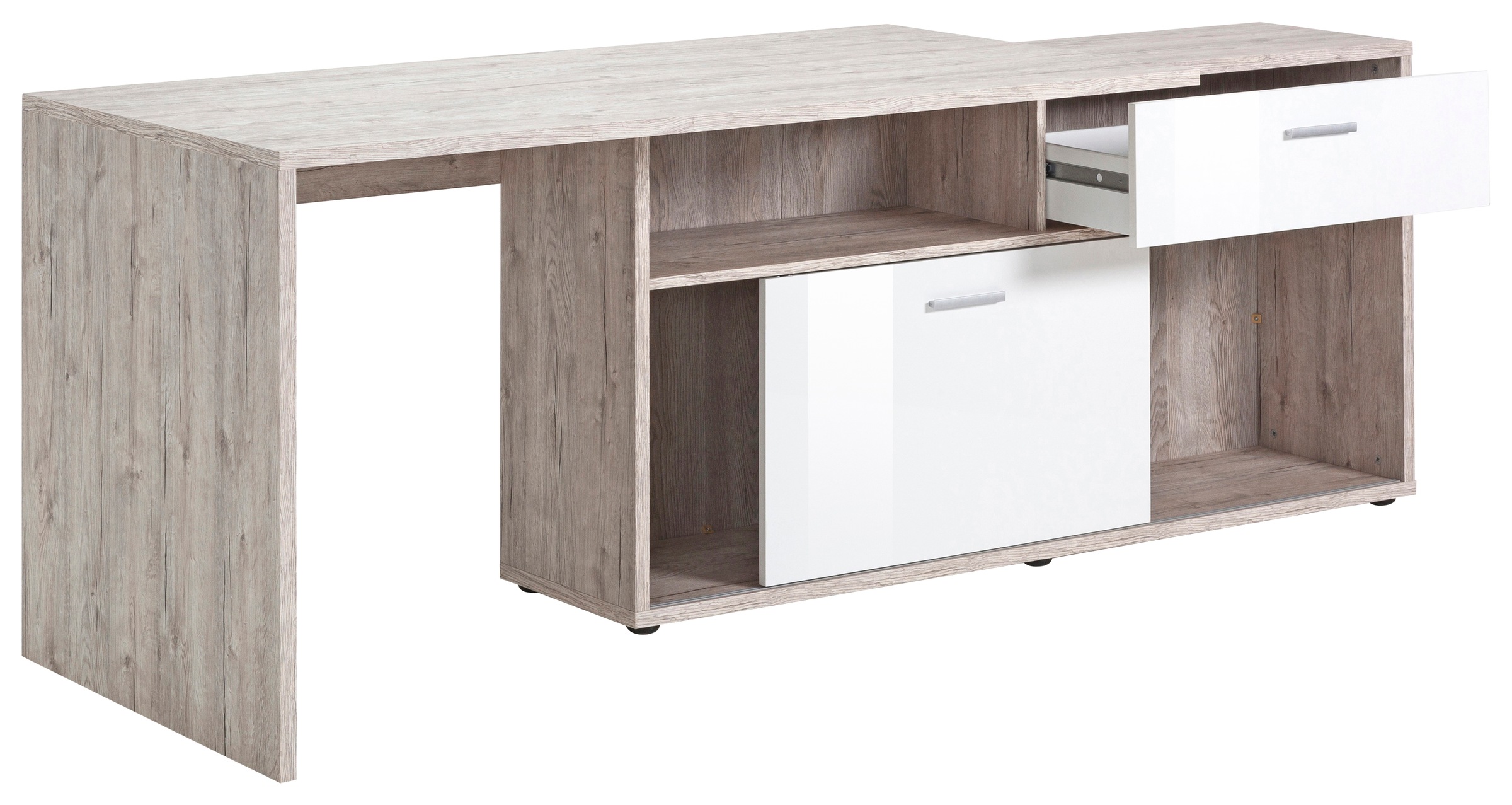 Thumbnail - FMD Eckschreibtisch "Diego" Hochglanzfronten, mit Regalelement, viel Stauraum, 2 Aufbauvarianten