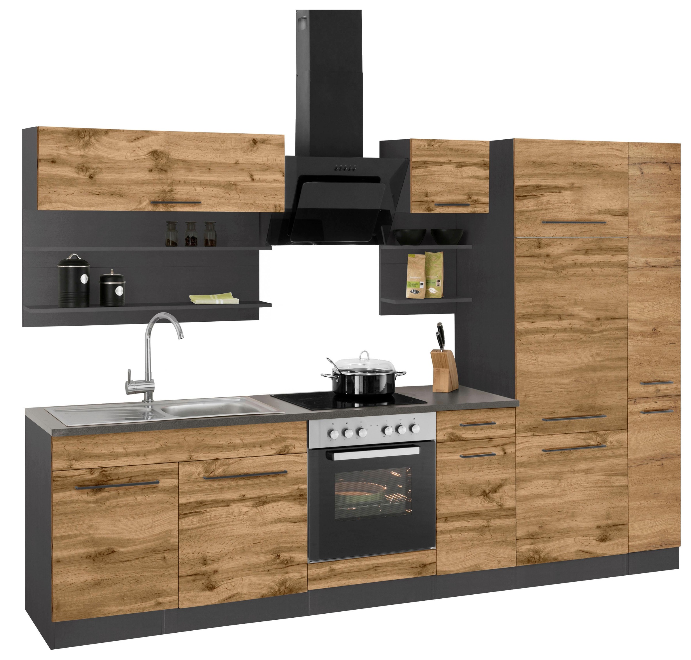 Thumbnail - KOCHSTATION "KS-Tulsa" ohne E-Geräte, Breite 300 cm, schwarze Metallgriffe, MDF Fronten