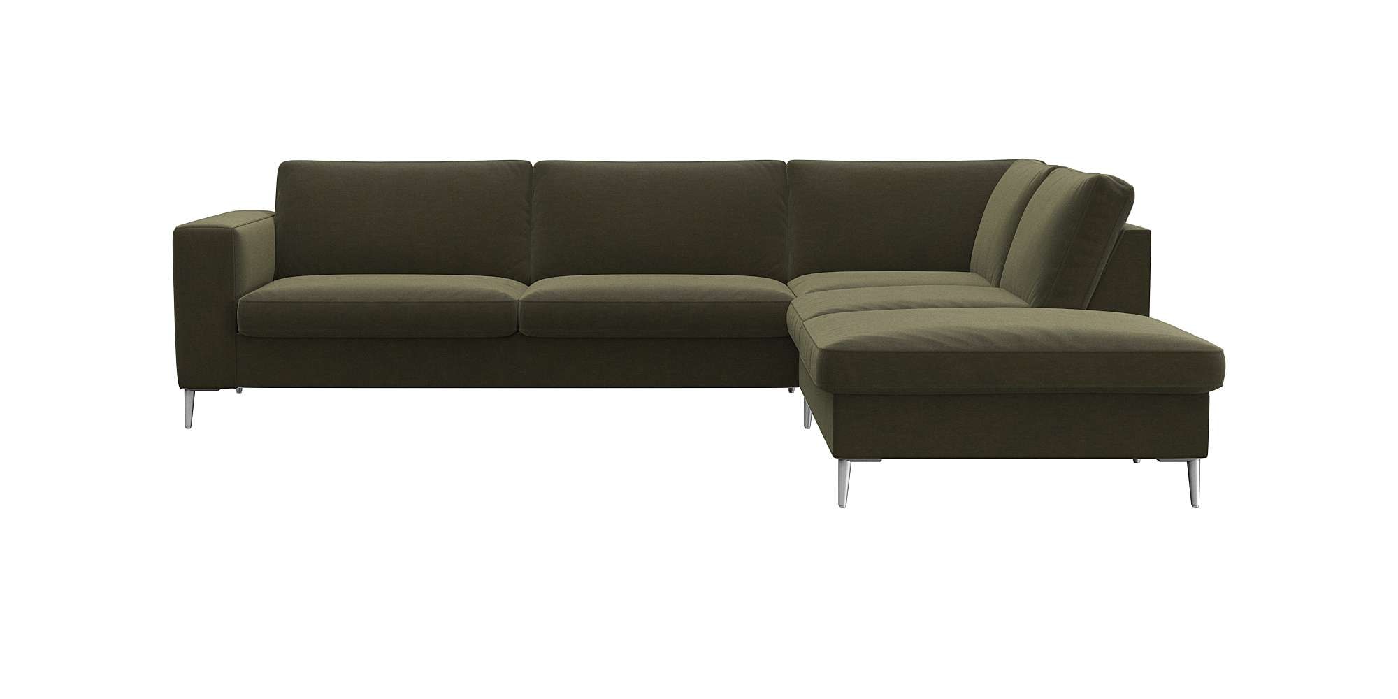 Ecksofa FLEXLUX "Fiore, super Sitzkomfort durch Kaltschaum im Sitz, L-Form", grün (moss grün), B:273cm H:85cm T:225cm, 100% Polyester, Sofas, Ecksofa, breite Armlehnen, Füße Alu