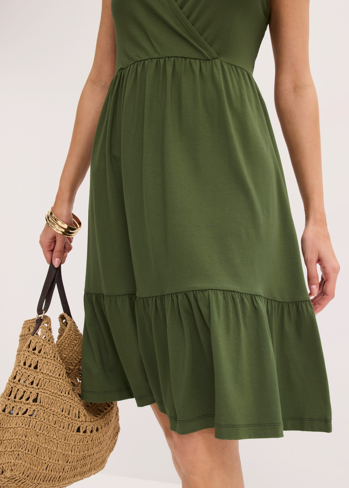 bonprix Jerseykleid für eleganten Look, ärmellos, ohne Kragen, A-Linie, mit Volant