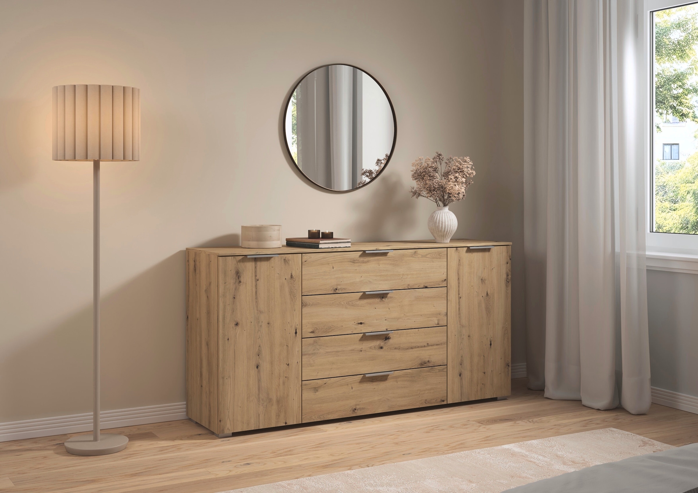 rauch Kombikommode »Sideboard Türkommode Schubladenkommode Kommode ASTANA« Breite 160 cm / Höhe 81 cm, mit 4 Einlegeböden,  2-türig, 4 geräumige Schubladen, Kantengriff Alufarben MADE IN GERMANY