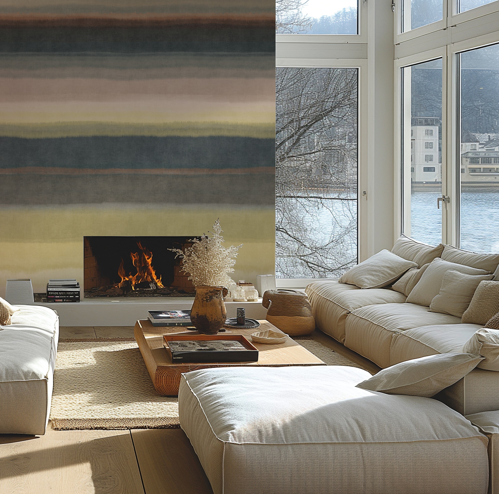 living walls Vliestapete "Fototapete Streifen Aquarell-Optik Grün Beige" strukturiert