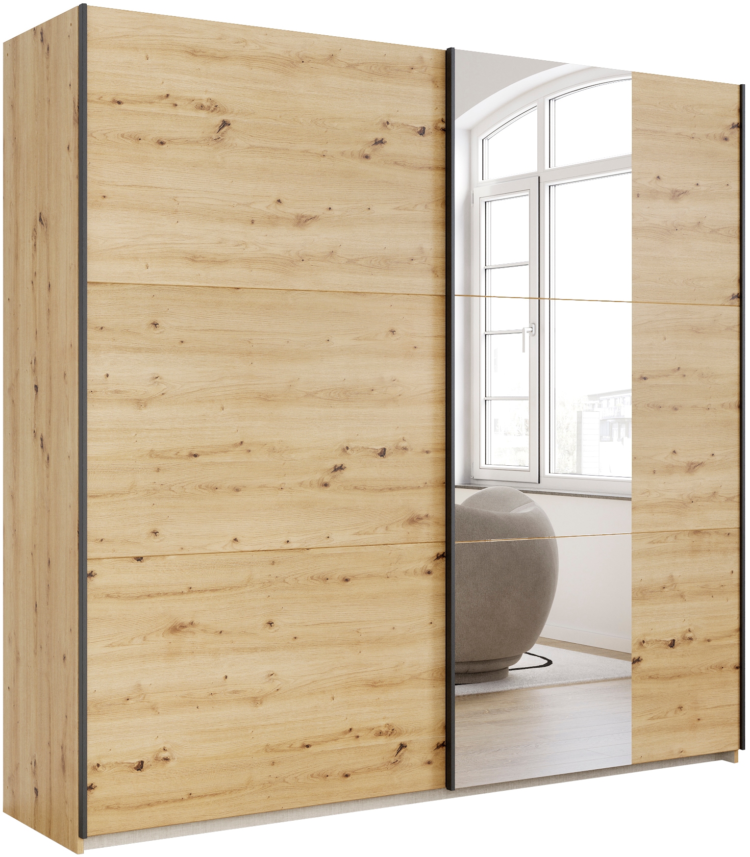 rauch Schwebetürenschrank "Kleiderschrank Drehtürenschrank Schrank Garderobe KRONACH" in 3 Ausstattungen BASIC/CLASSIC/PREMIUM, Breiten 131/175/218/261 cm, optional ohne, mit 1 oder 2 Spiegel, viel Stauraum MADE IN GERMANY