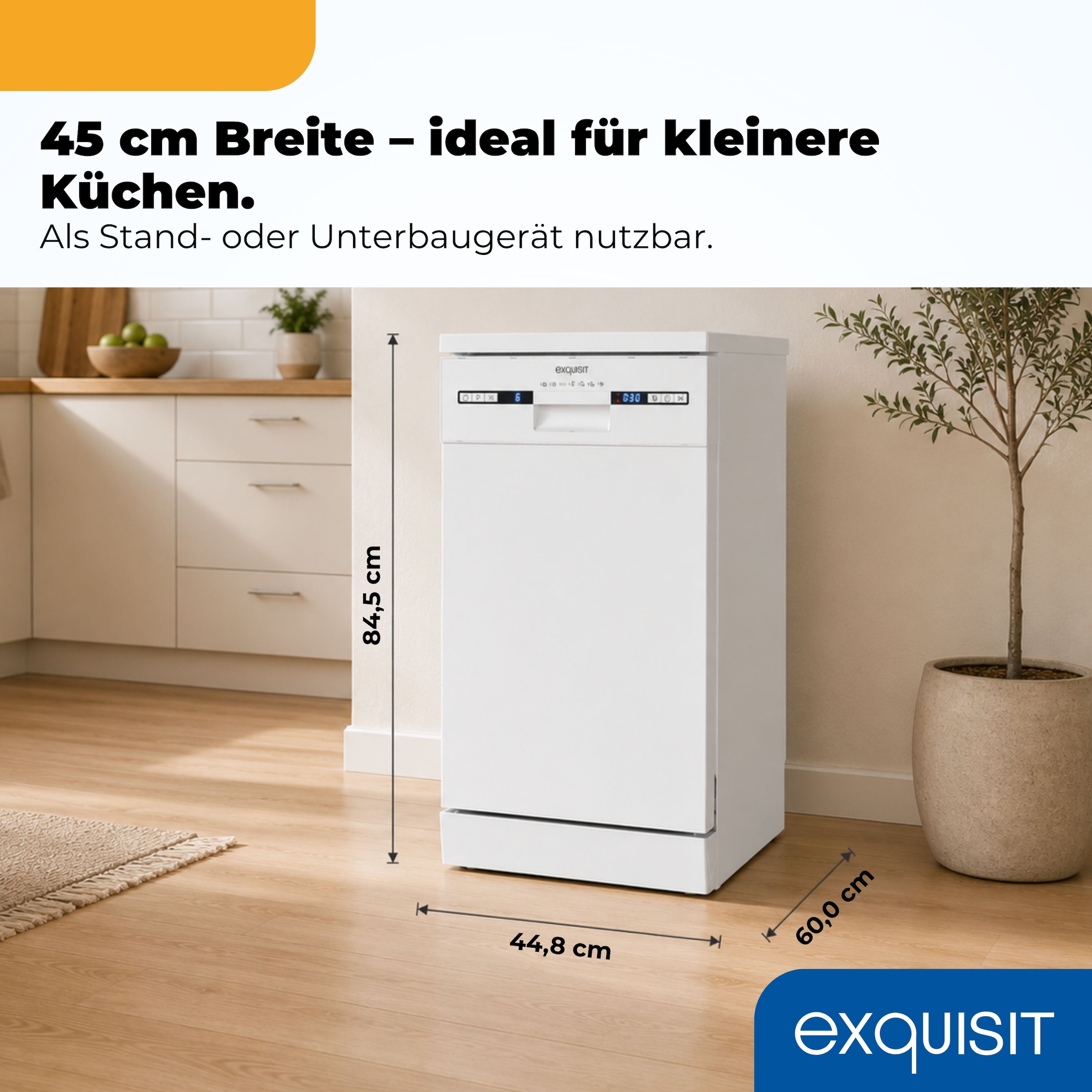 exquisit Standgeschirrspüler »GSP9310-031C weiss« 8,3 l 10 tlg. Maßgedecke 10 Maßgedecke – LED, Besteckkorb, Auto Door Open & AquaStop