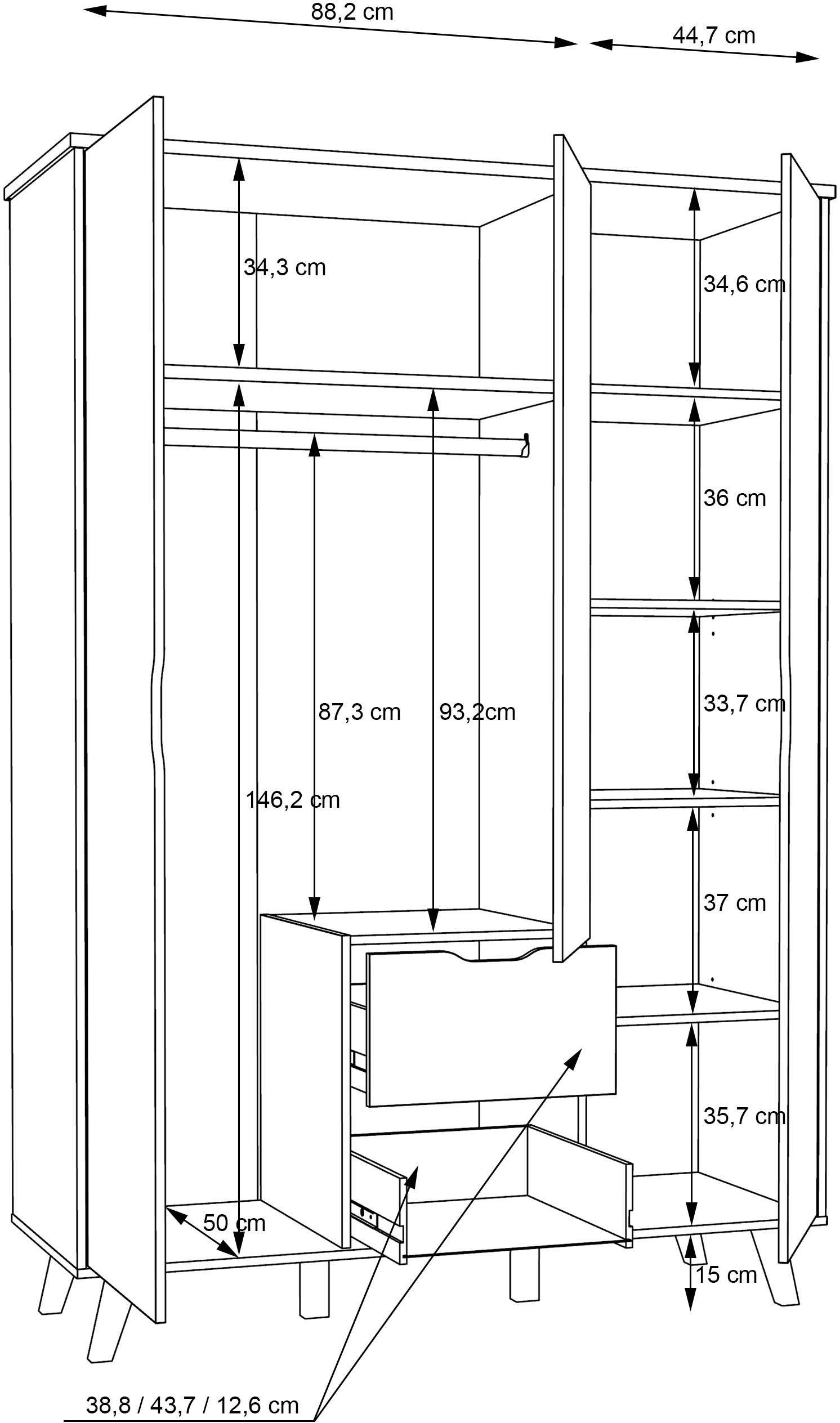 FORTE Drehtürenschrank »Vankka, OTTOs Choice, Kleiderschrank, viel Stauraum,«, (B/H/T ca.140x200x52cm), Made in Europe,mit Einlegeböden+Kleiderstange+Schubladen,grifflos