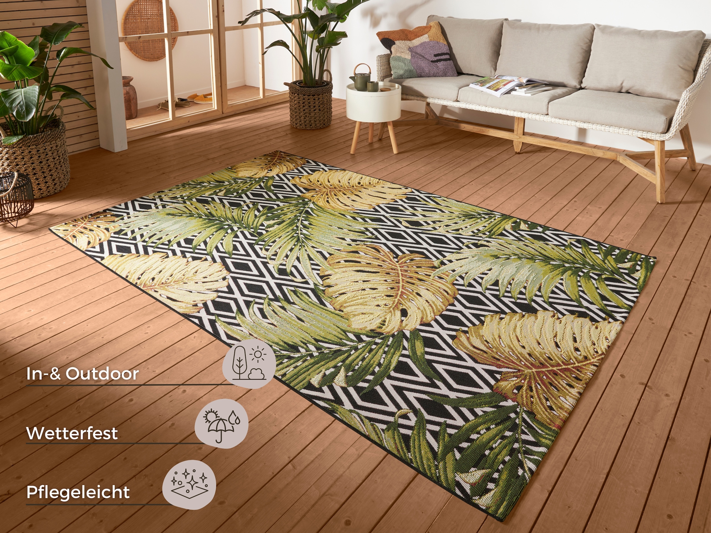 HANSE Home Outdoorteppich »Diamonds and Leaves«, rechteckig, 3 mm Höhe, In-& Outdoor, Teppich, Wetterfest, Balkon, Garten, Wohnzimmer, Floral