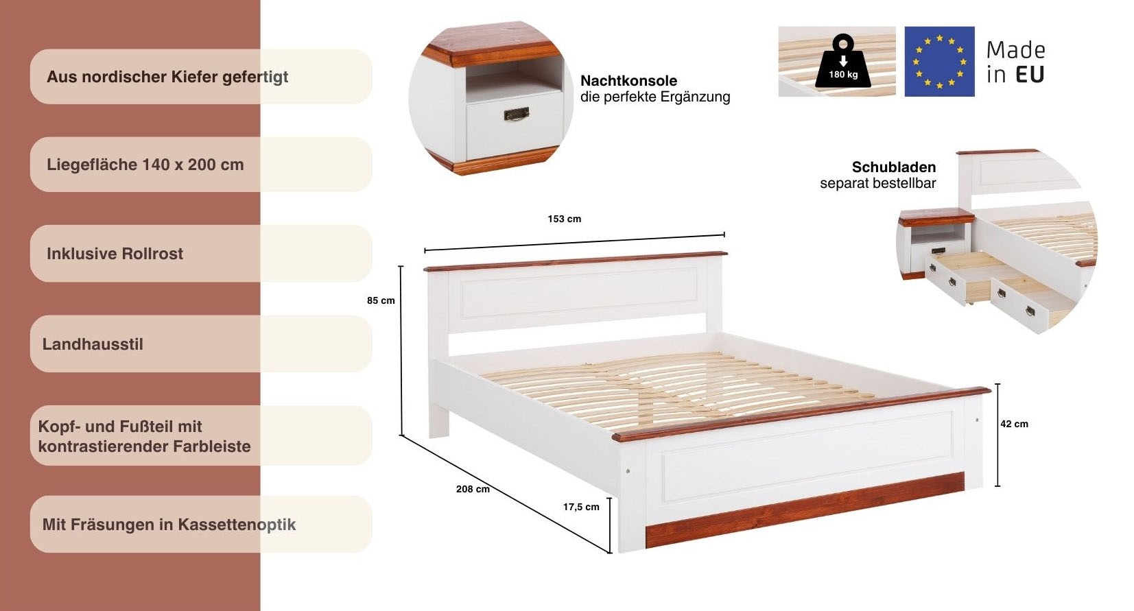 Home affaire Massivholzbett »Madrid, Landhausstil, hohe Belastbarkeit!«, (Breite/Belastbarkeit 180cm/220 KG, 160cm/200 KG, 90cm/=120 KG), aus FSC®-zertifizierter Kiefer, INKLUSIVE Rollrost, Kassettenoptik