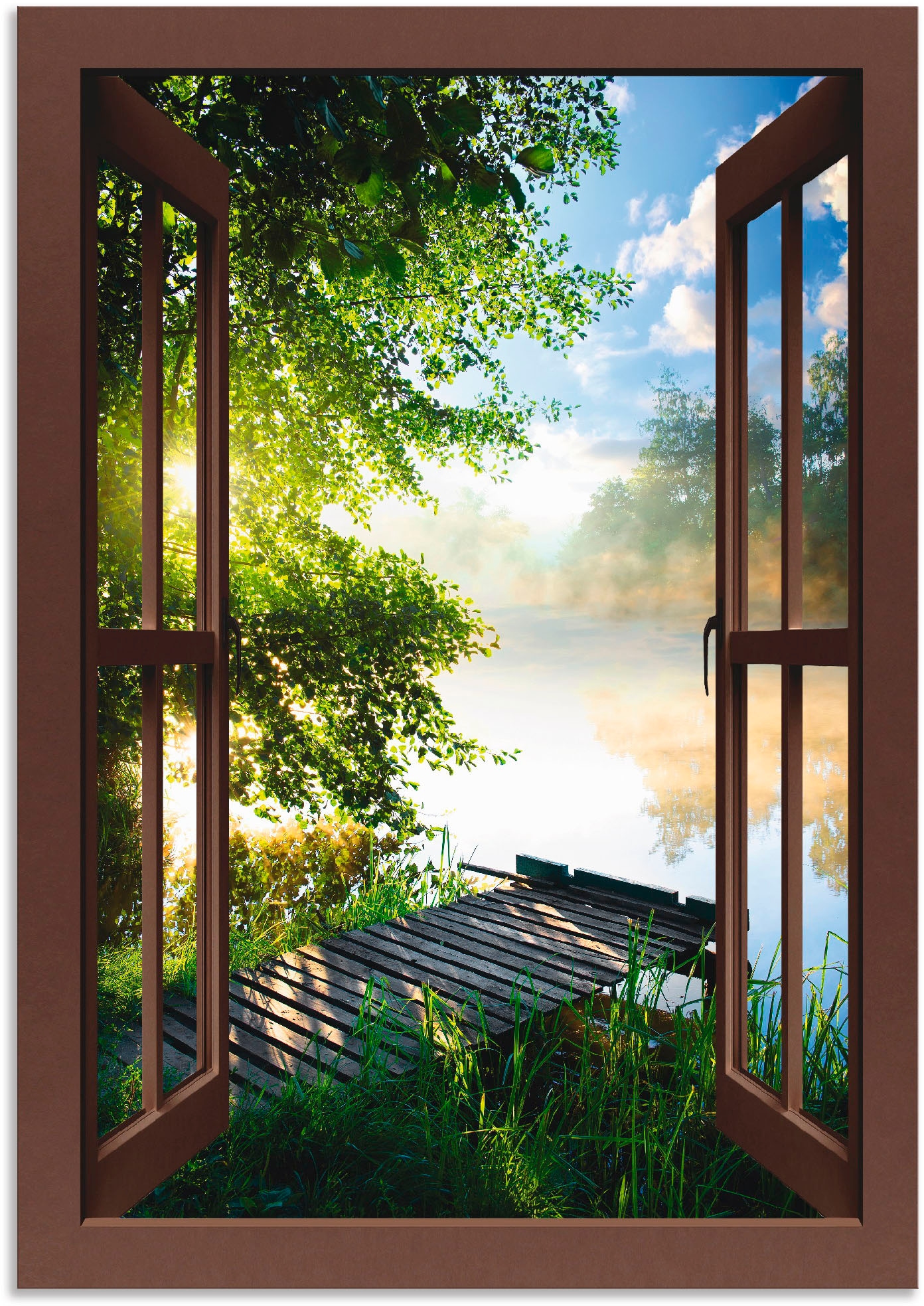 Artland Wandbild "Fensterblick Angelsteg am Fluss", Fensterblick, (1 St.), als Alubild, Outdoorbild, Leinwandbild, Poste