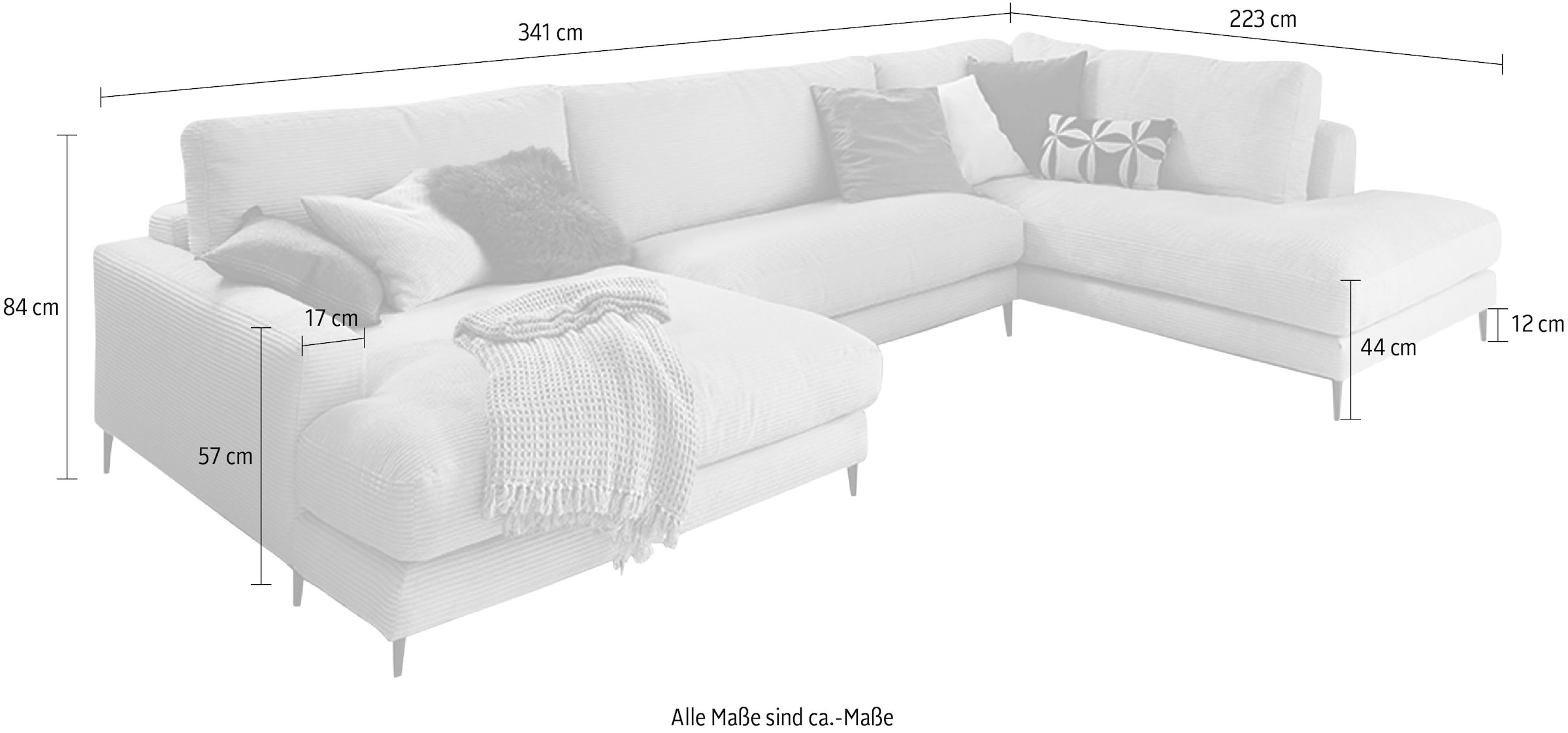 INOSIGN Wohnlandschaft »Downtown XXL B/T/H: 341/223/84 cm Loungemöbel zum Relaxen«, weicher Sitzkomfort, Cord-Bezug, weicher Sitzkomfort U-Form