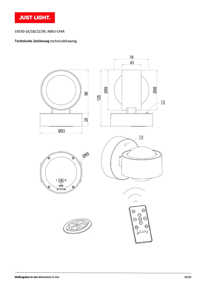 JUST LIGHT LED Wandleuchte »AKKU-CHIA« LED-Board 1 Stk. Warmweiß Akkubetrieben inkl. USB-Ladekabel, 5 Stufen Dimmung + Timerfunktion