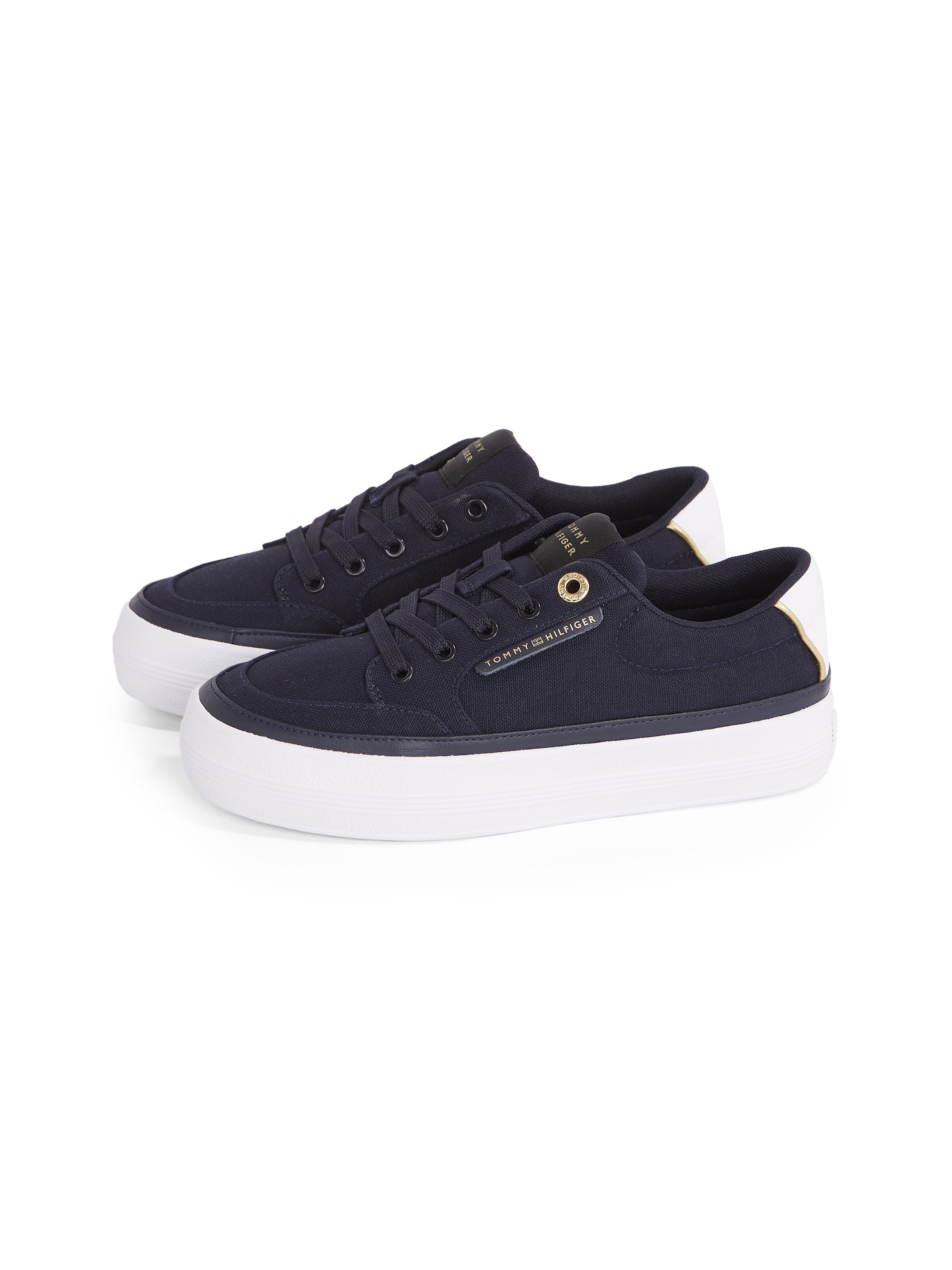 Tommy Hilfiger Plateausneaker "ESSENTIAL VULC TEXTILE SNEAKER", Freizeitschuh, Halbschuh, Schnürschuh mit goldfarbenen D