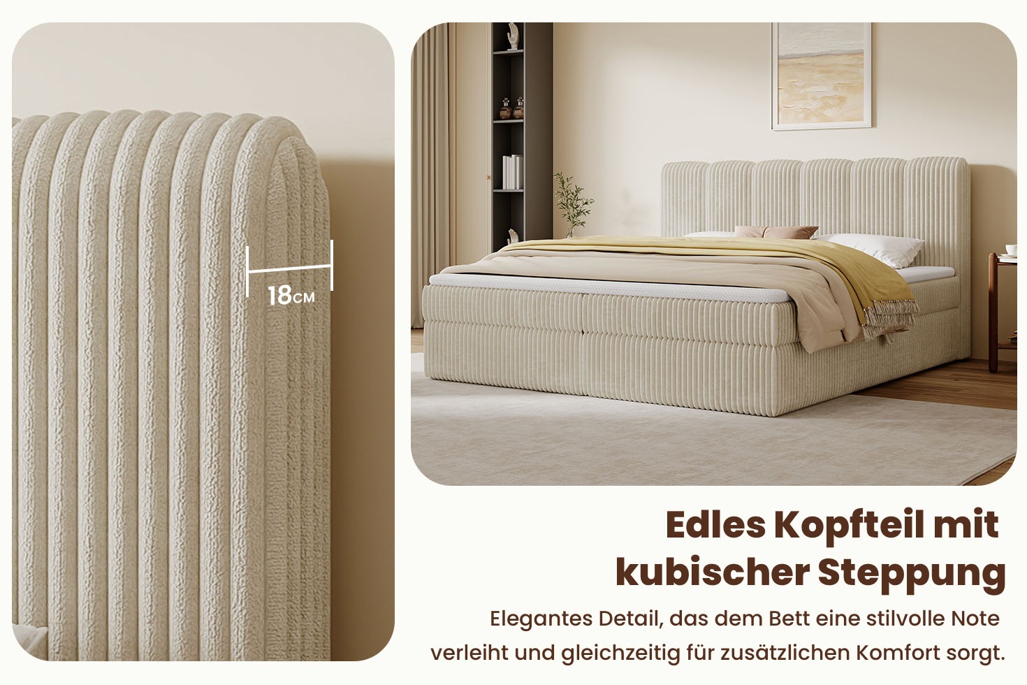 OTTO home Boxbett »SIVVA in der Breite 180cm, flauschiger Breitcord, Farbe: cream« inkl. Taschenfederkernmatratze (H3) & Topper (4cm)
